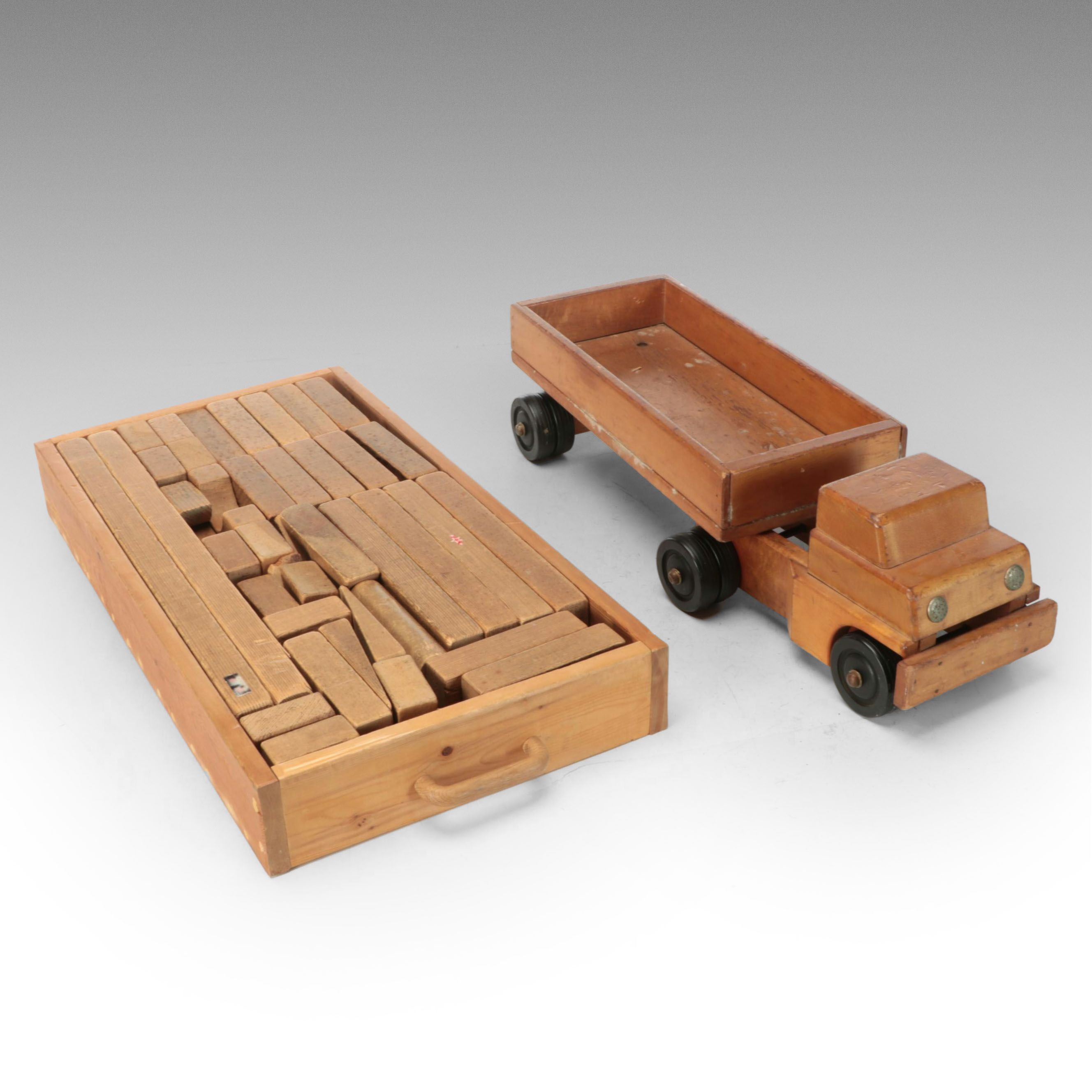 Oak Wood Children's Building Block Set in Drawer, and Maple Toy Truck