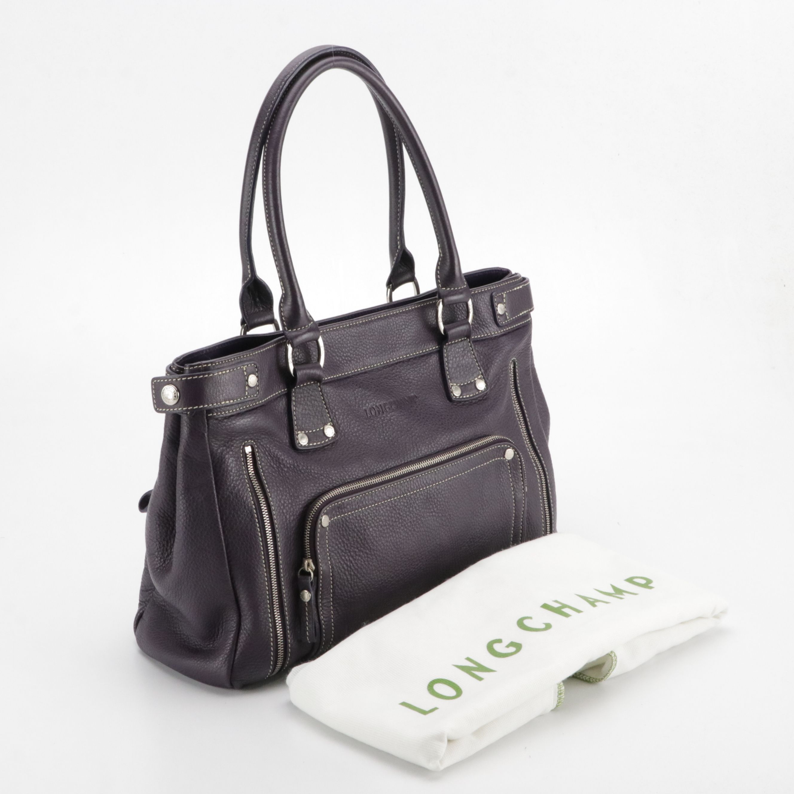 Longchamp Rodeo Luxe Shopper Tote in Dark Purple Grained Cowhide Leather