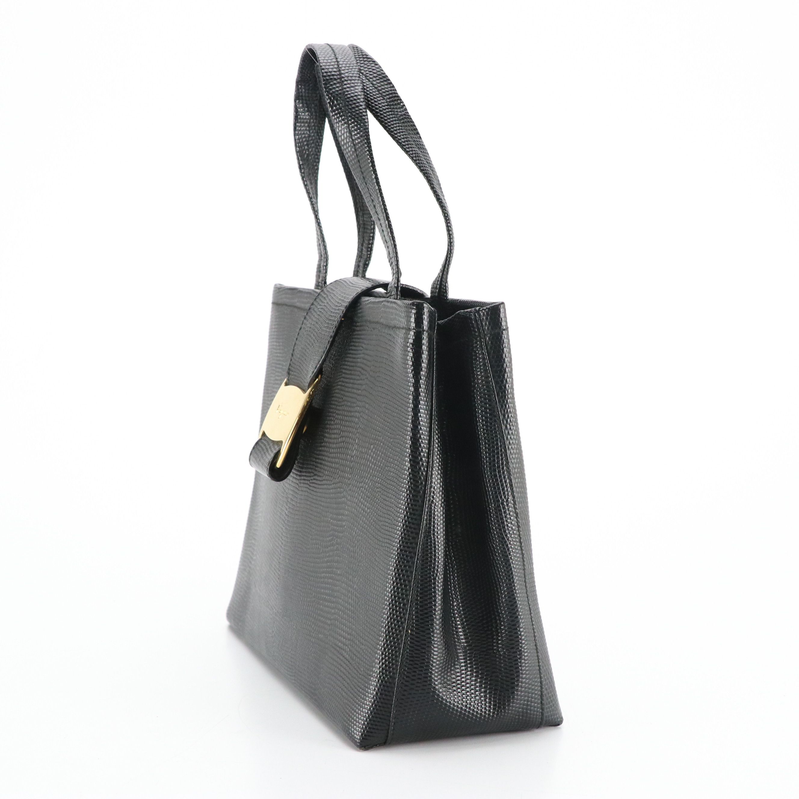 Salvatore Ferragamo Vara Flap Handbag in Black Embossed Lizard
