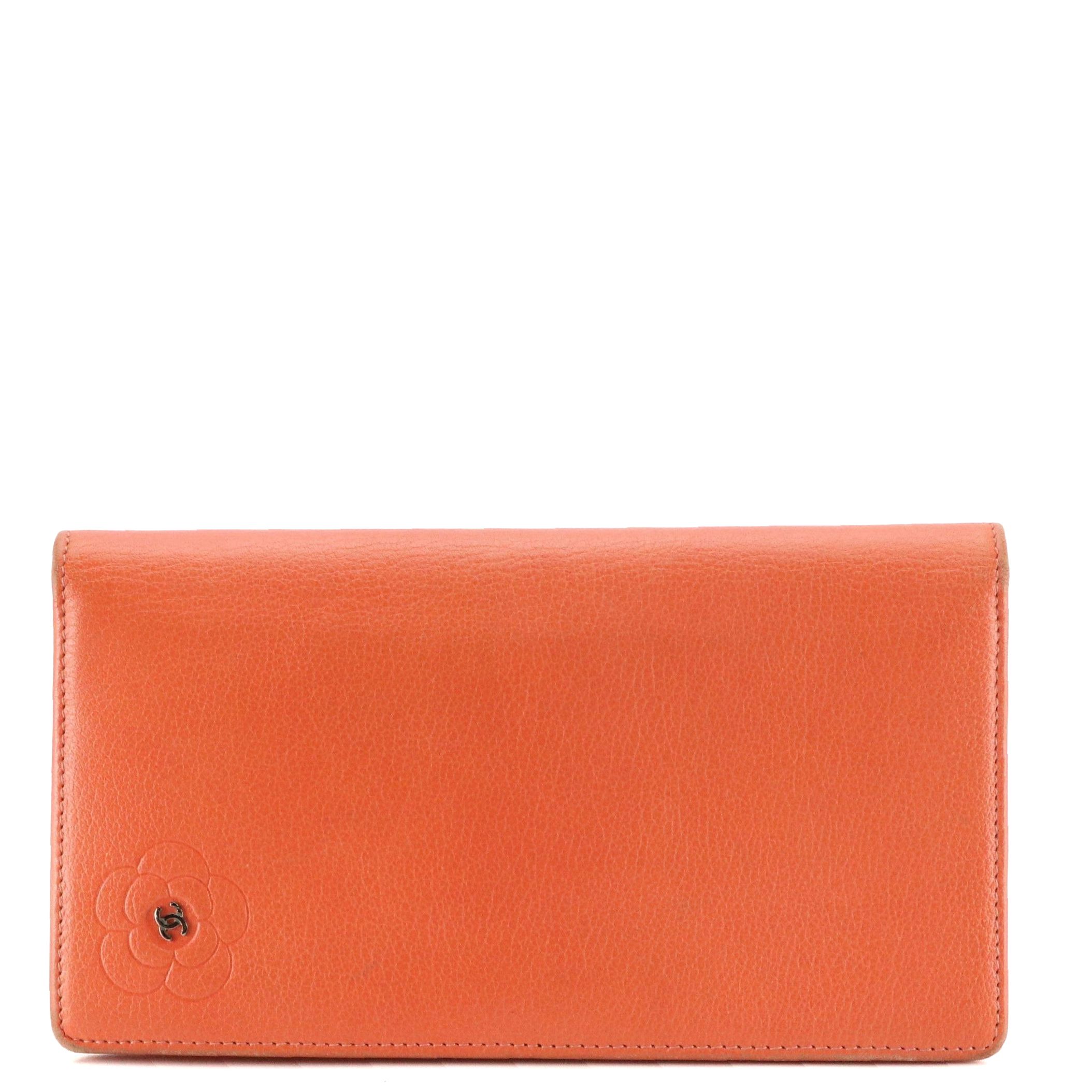 Chanel Camellia Embossed L Yen Wallet in Goatskin Leather with Gift Box