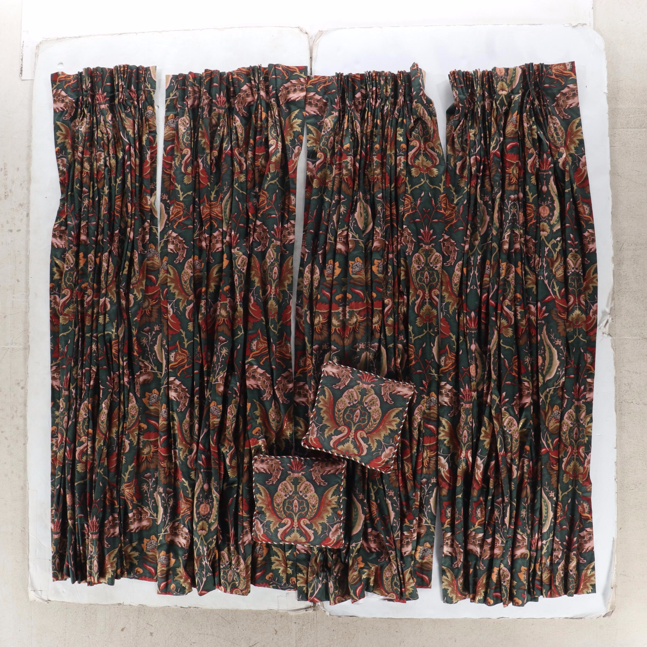 78" Jewel Colored Floral Damask Print Drapes, Set of Four with Accent Pillows