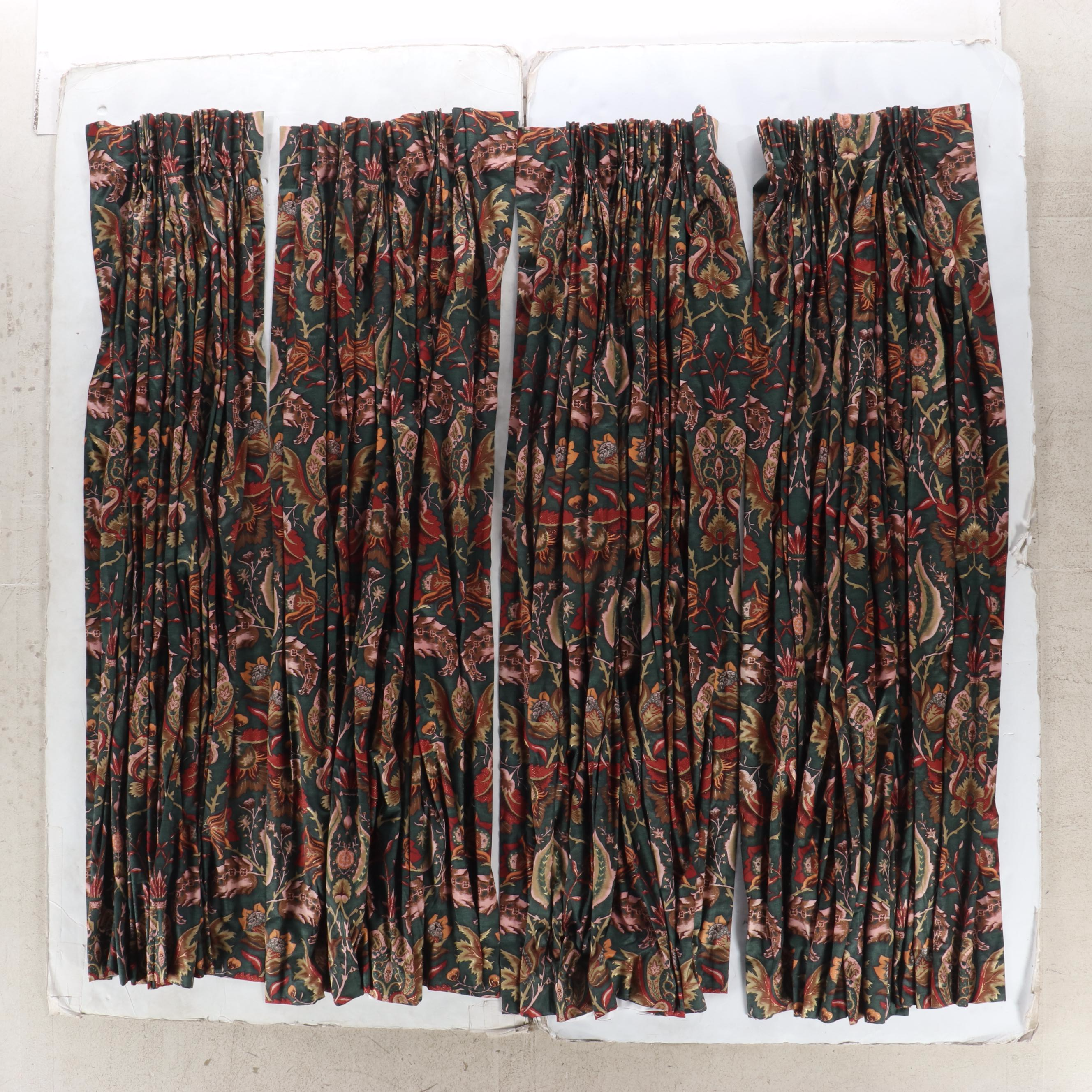 78" Jewel Colored Floral Damask Print Drapes, Set of Four with Accent Pillows