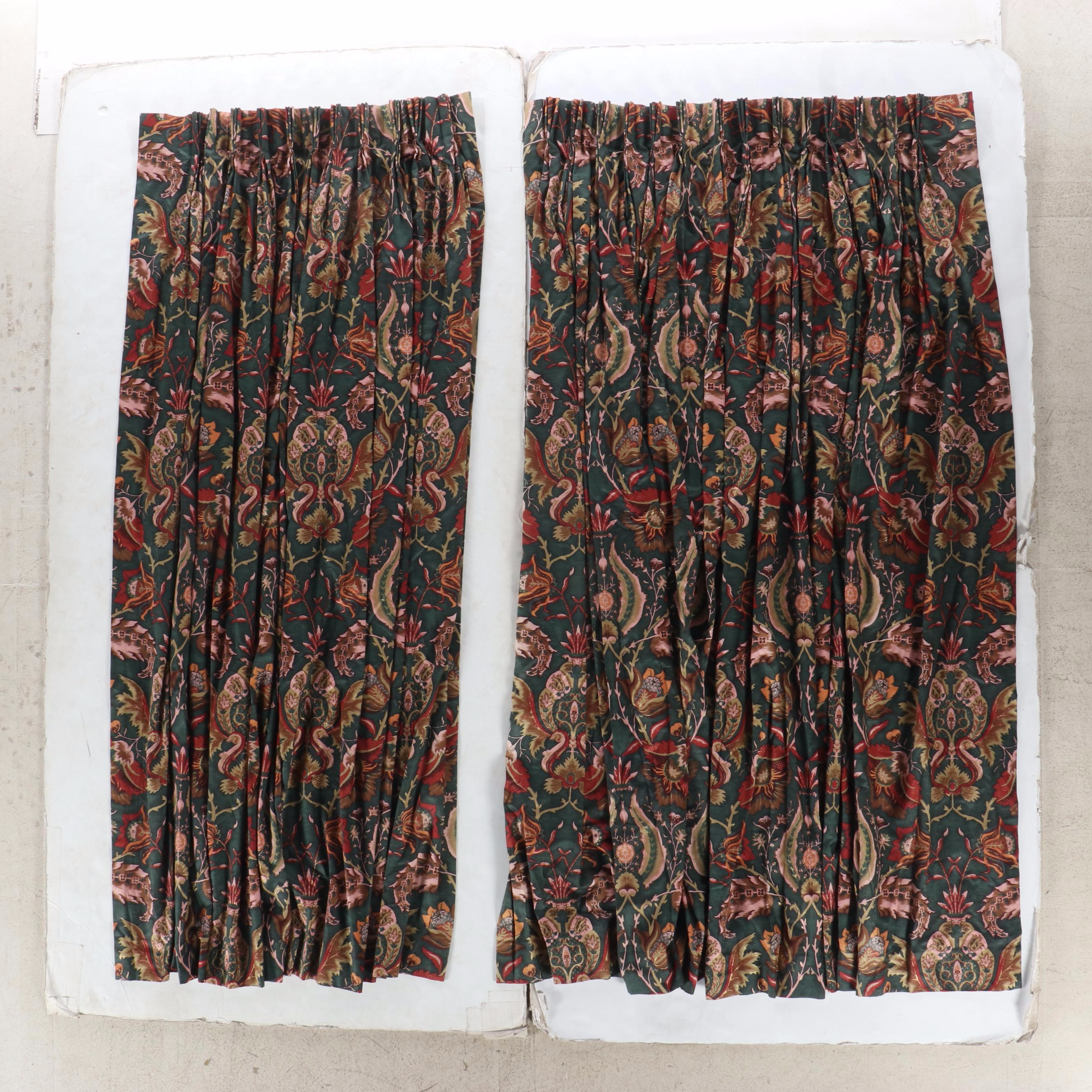 78" Jewel Colored Floral Damask Print Drapes, Set of Four with Accent Pillows