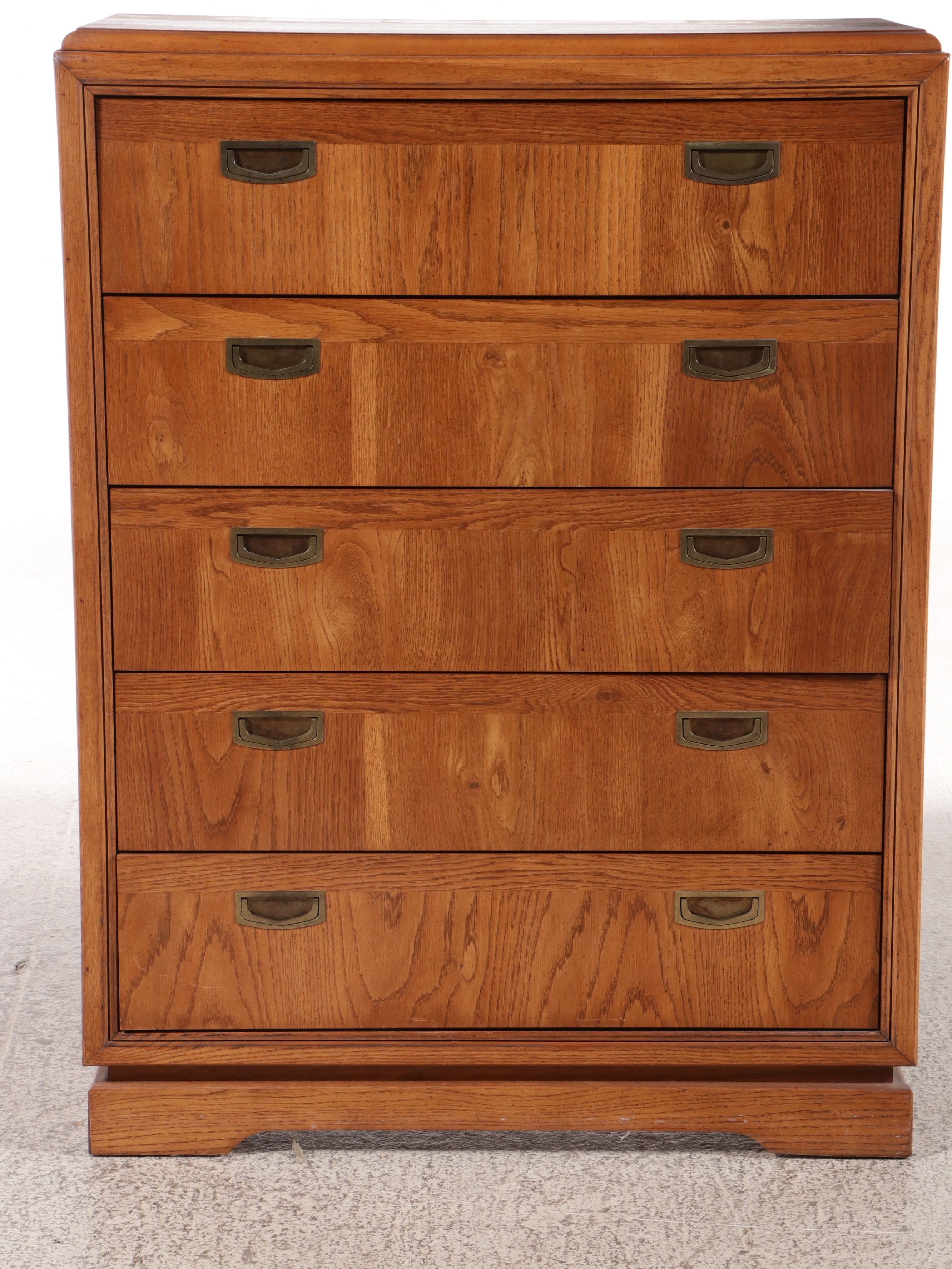 Bassett Mid Century Modern Campaign Style Oak Chest of Drawers