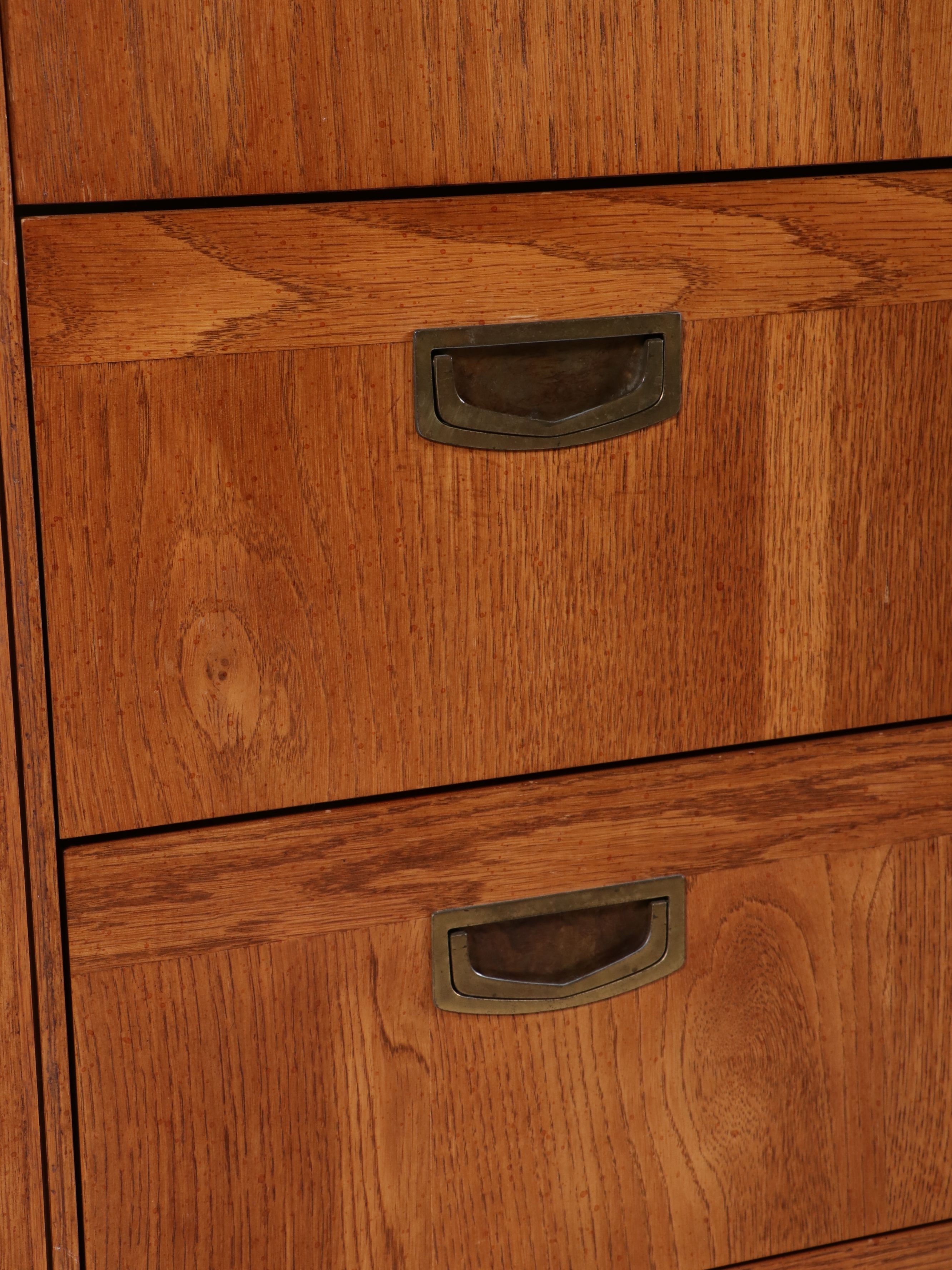 Bassett Mid Century Modern Campaign Style Oak Chest of Drawers