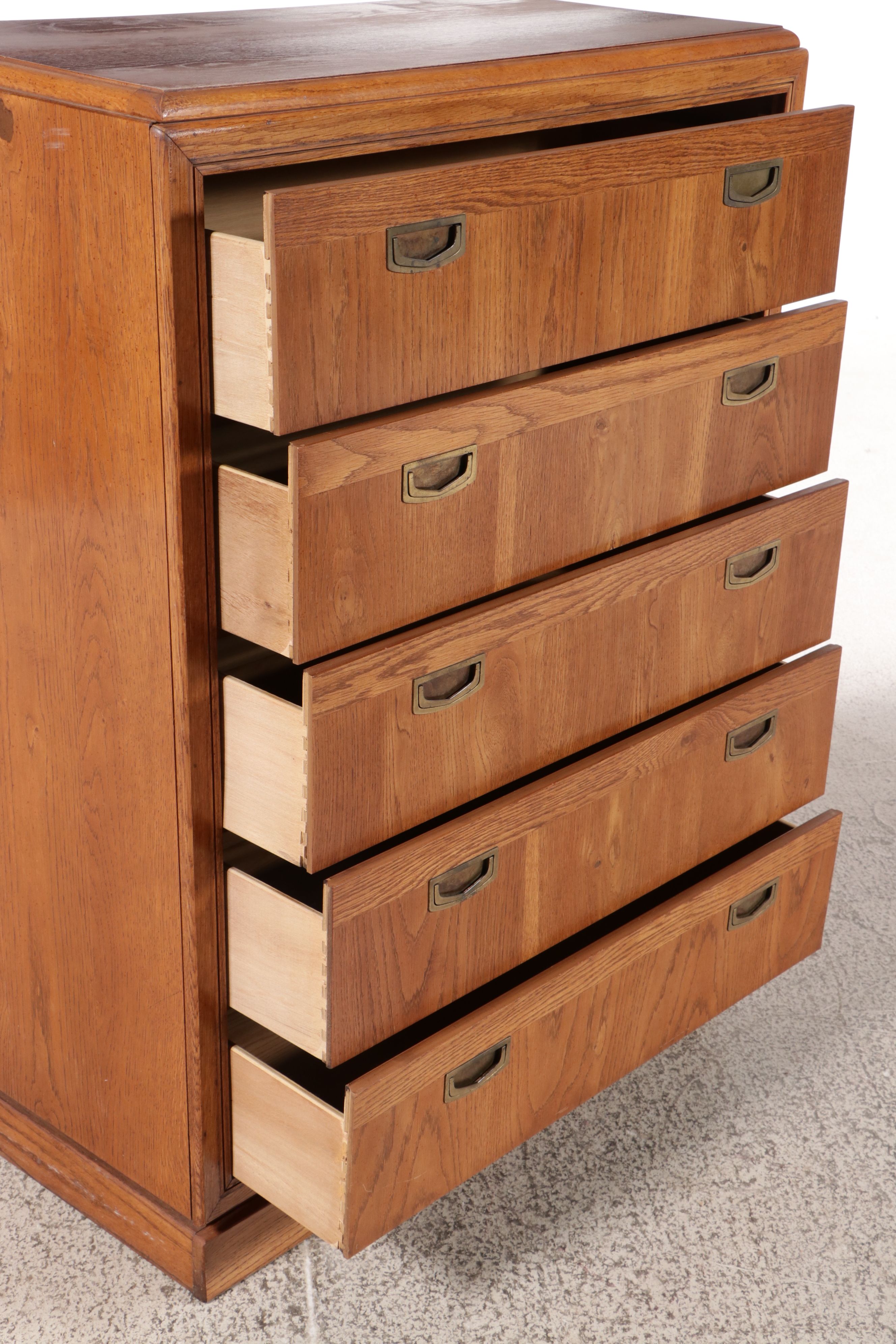 Bassett Mid Century Modern Campaign Style Oak Chest of Drawers