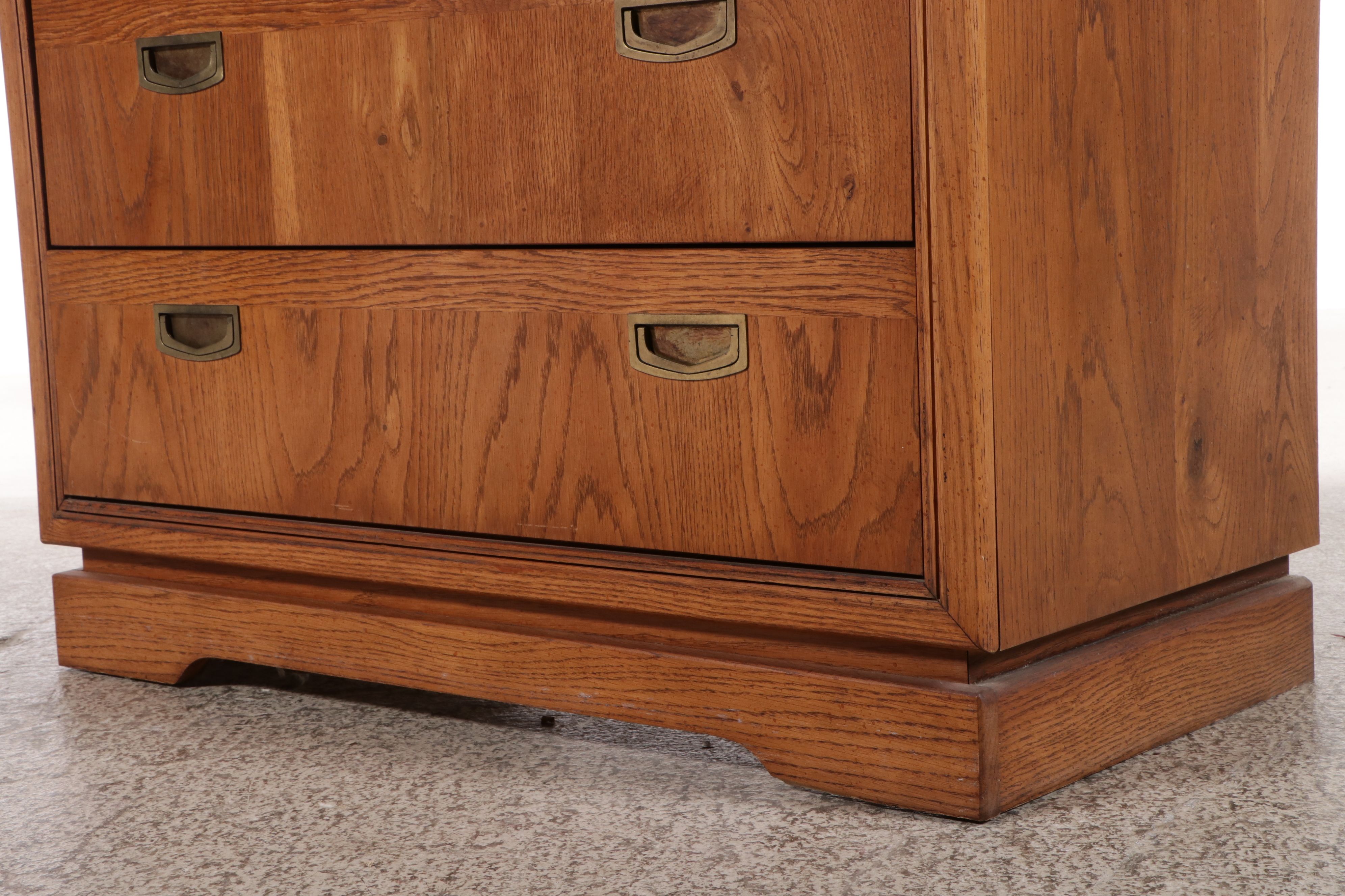 Bassett Mid Century Modern Campaign Style Oak Chest of Drawers