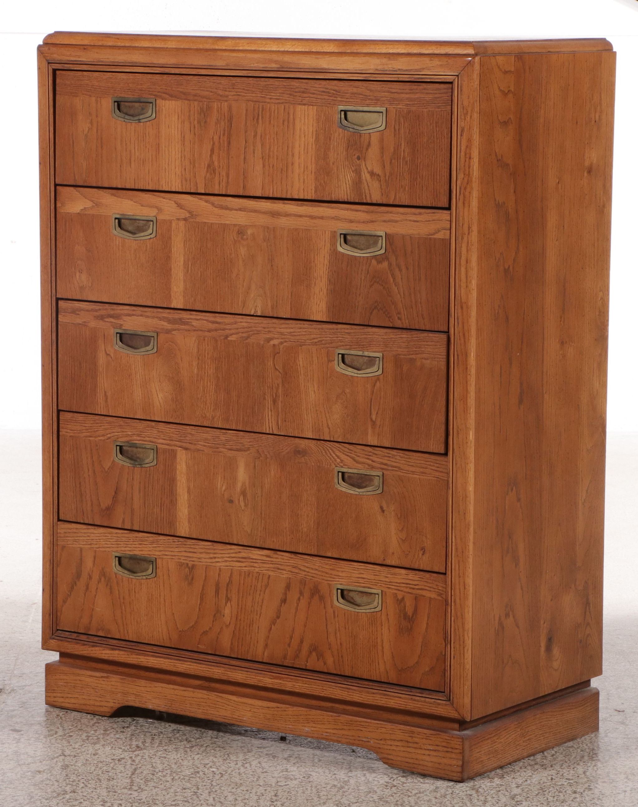 Bassett Mid Century Modern Campaign Style Oak Chest of Drawers