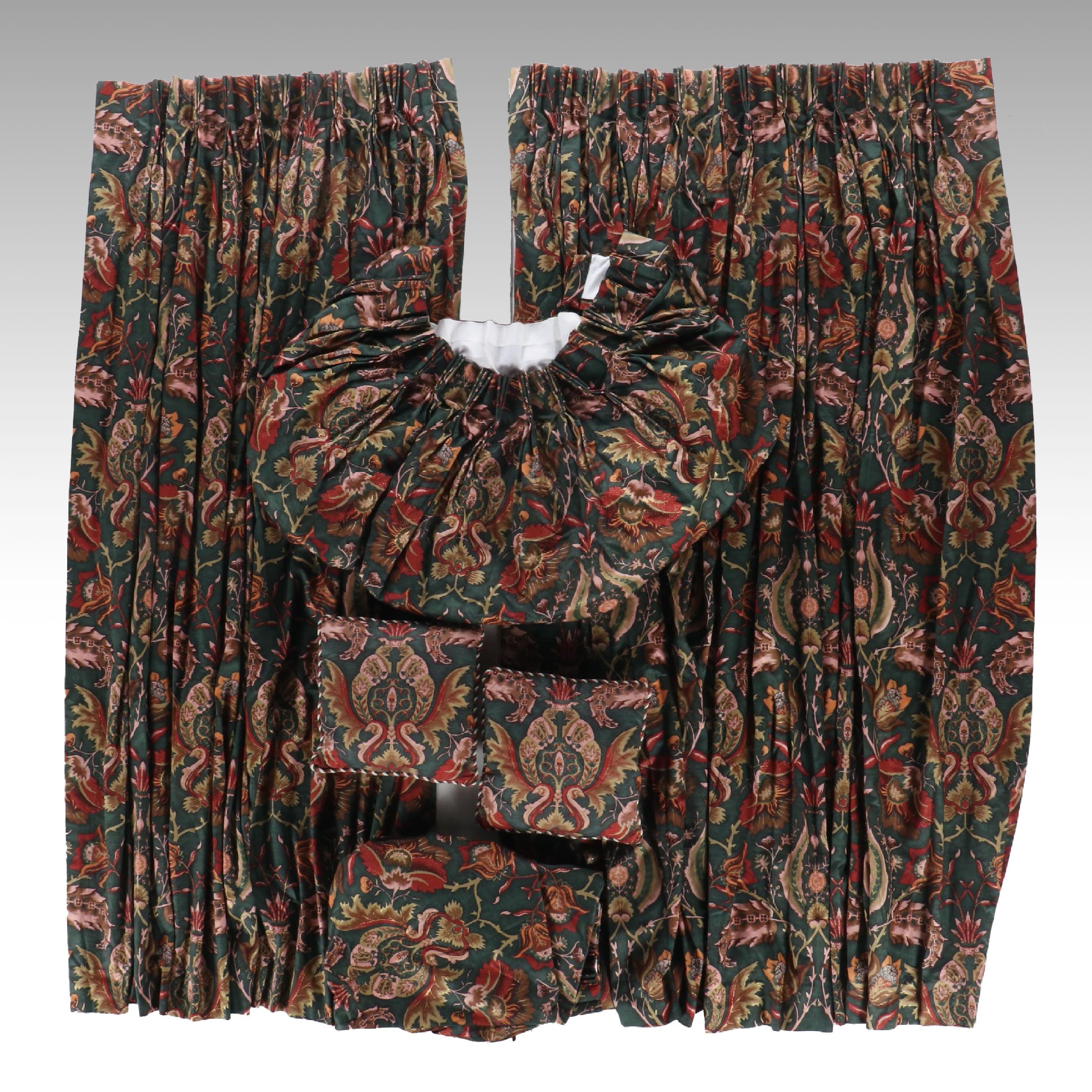 78" Jewel Colored Floral Damask Print Drapes, Set of Four with Accent Pillows