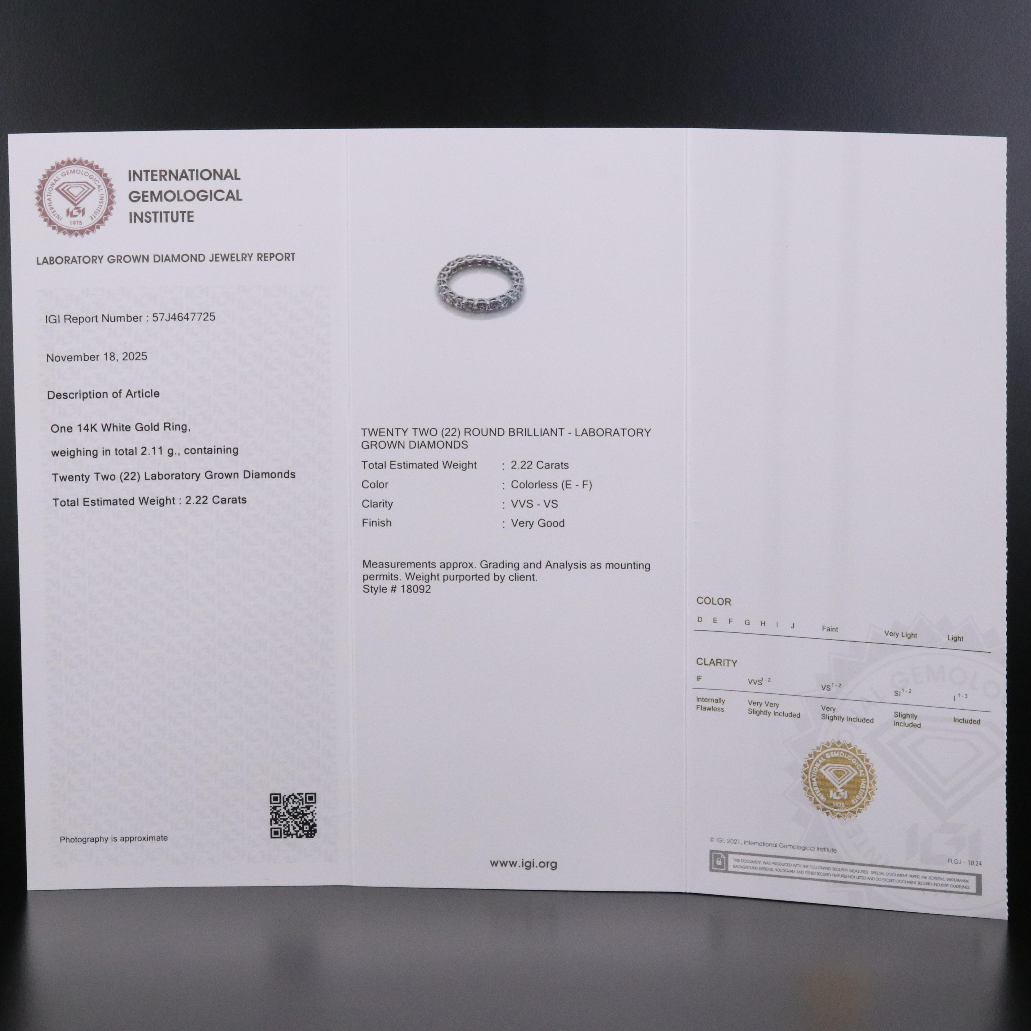 14K 2.22 CTW Lab Grown Diamond Eternity Band with IGI Report