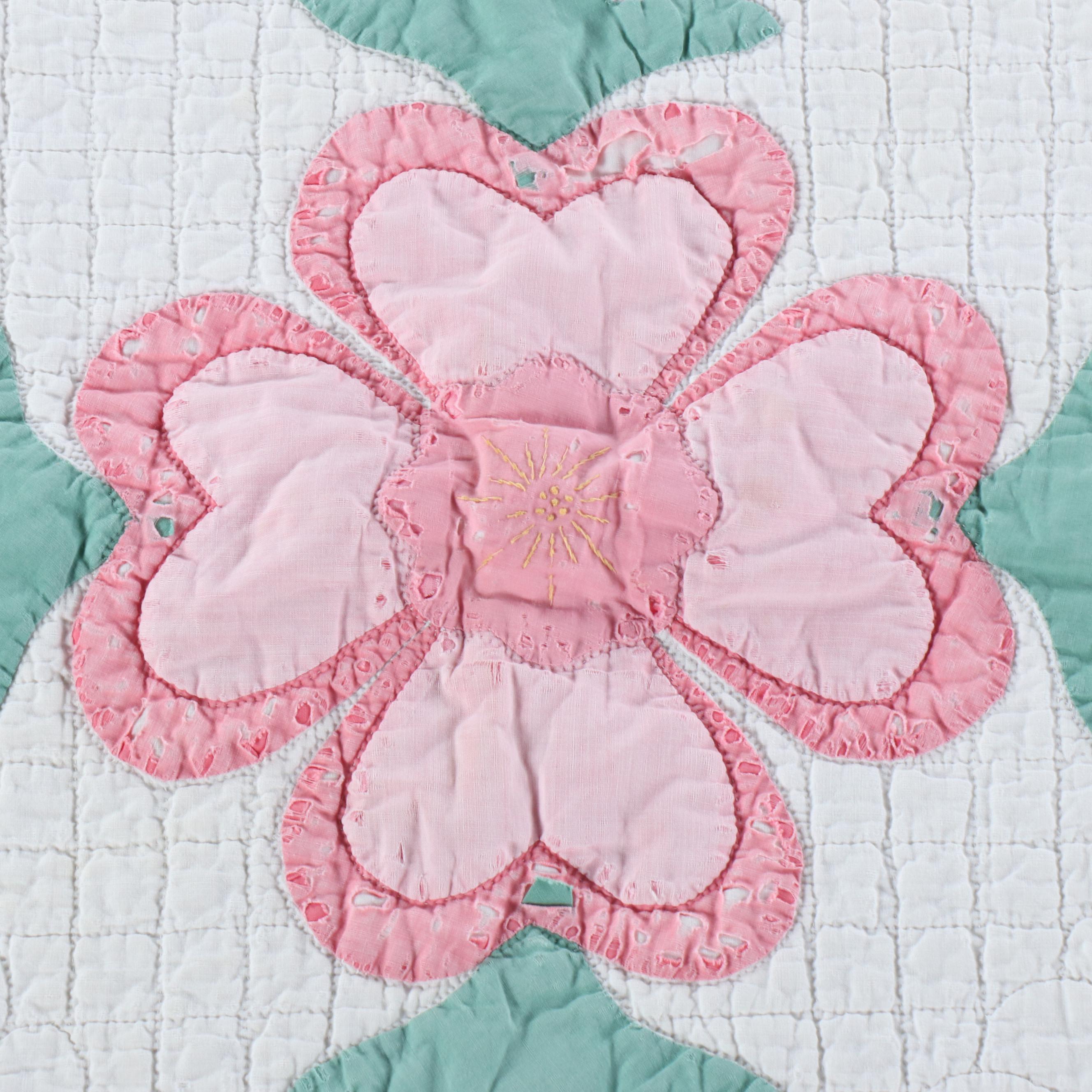 Hand-Pieced "Rose of Sharon" and "Double Wedding Ring" with Other Cotton Quilt