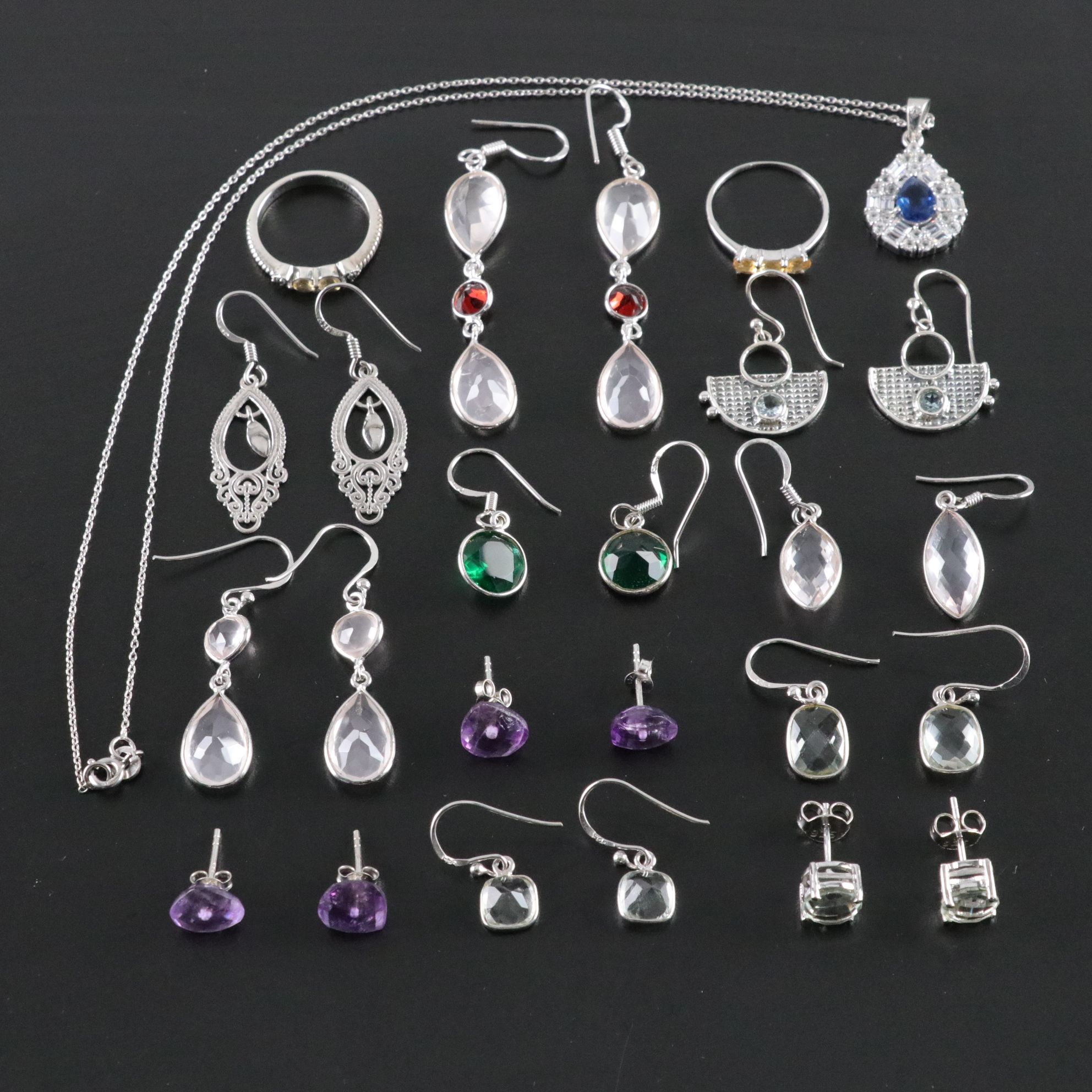 14 Assorted Sterling Silver Rings, Necklaces and Earrings