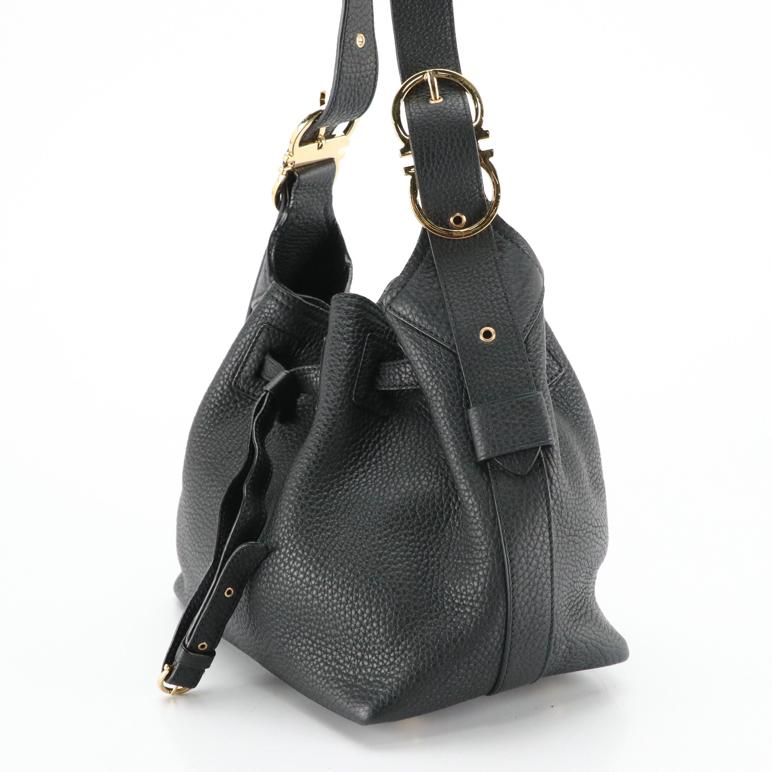 Salvatore Ferragamo Black Grain Leather Drawstring Crossbody Bag