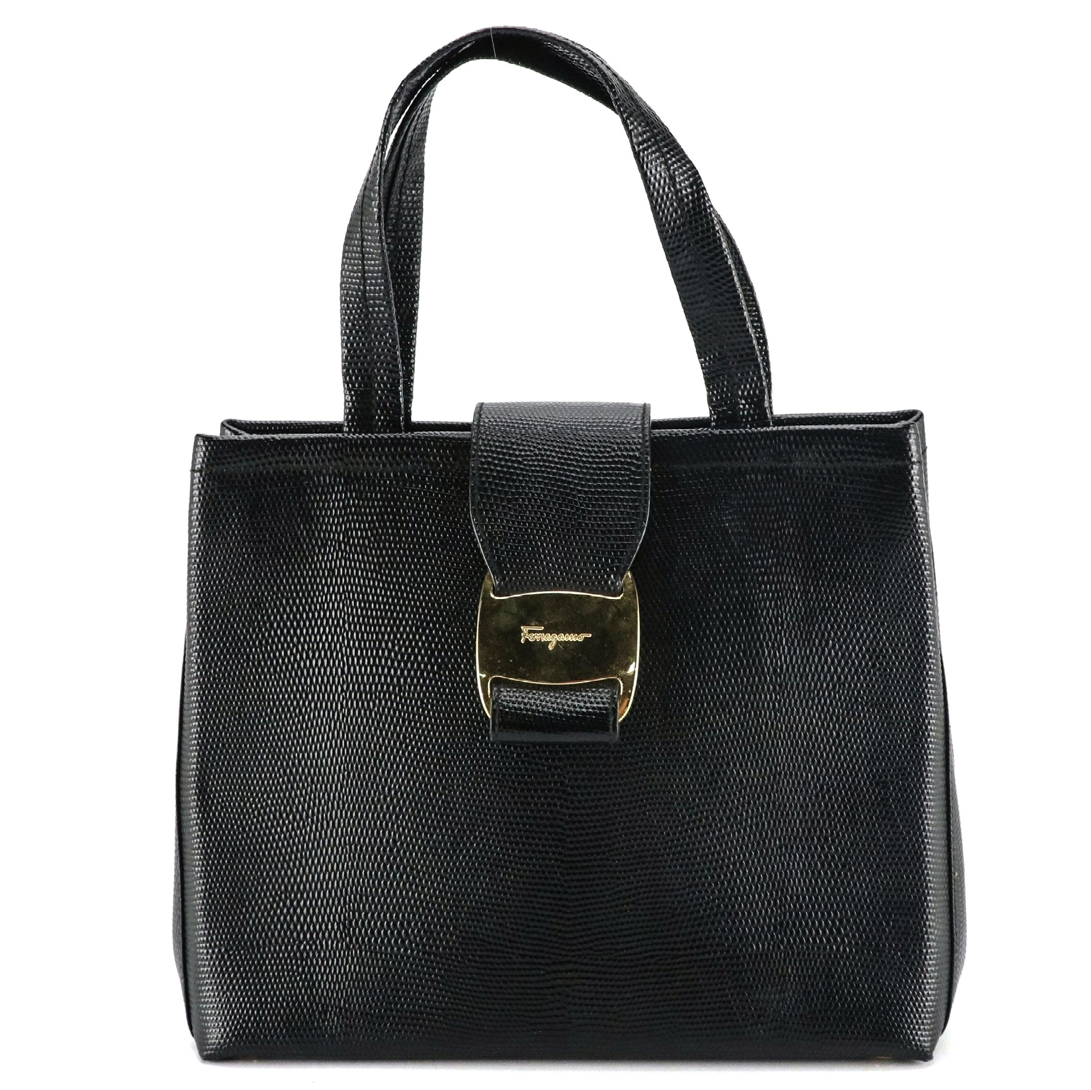 Salvatore Ferragamo Vara Flap Handbag in Black Embossed Lizard