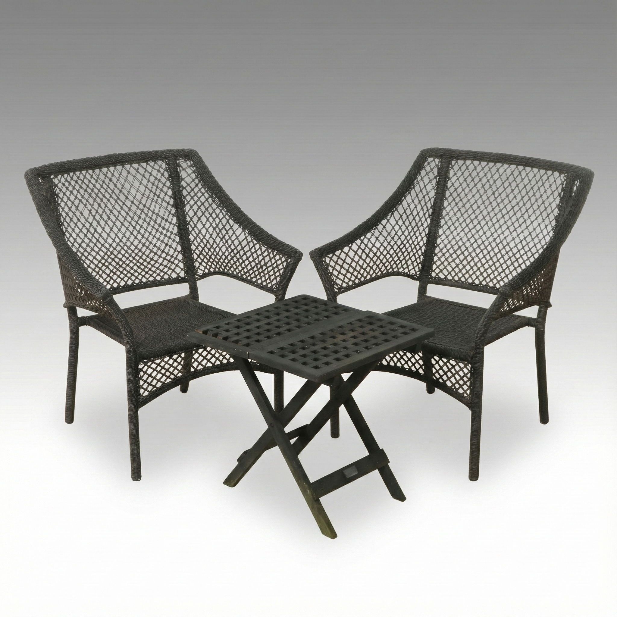 Pair of PE Rattan Wicker Armchairs with Black Stained Wood Accent Table