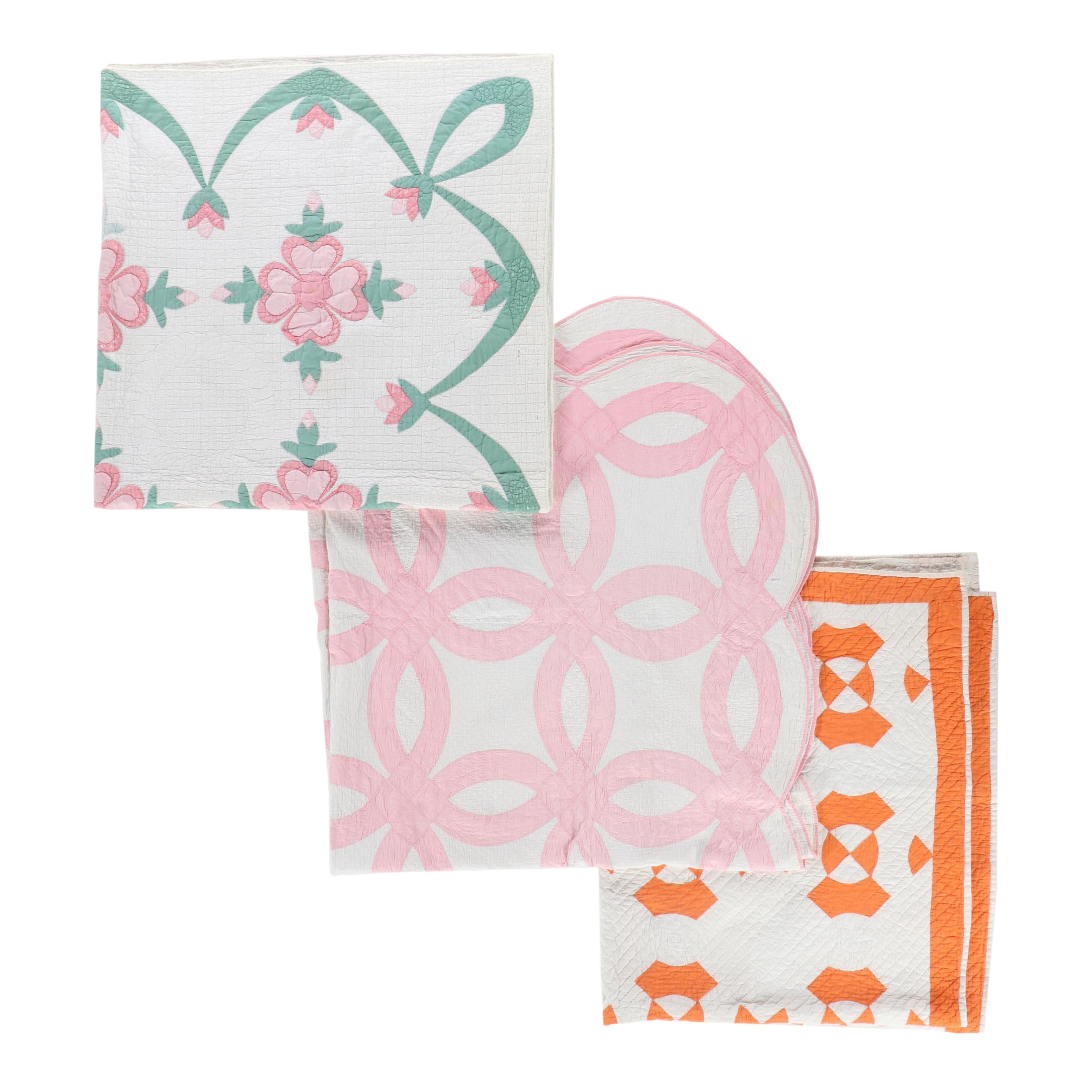 Hand-Pieced "Rose of Sharon" and "Double Wedding Ring" with Other Cotton Quilt