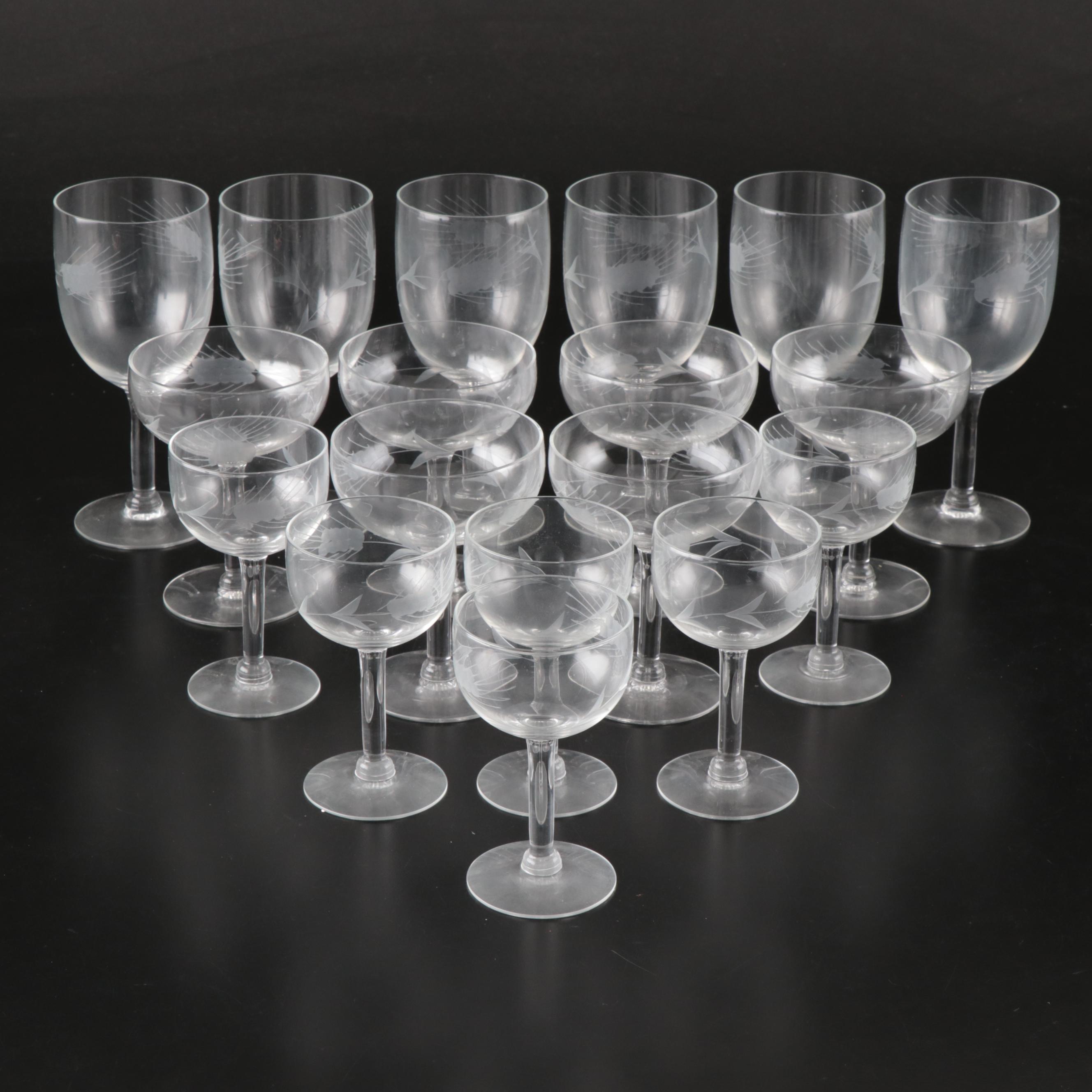 Etched Wheat Champagne Coupes and Other Stemware, Mid-20th Century