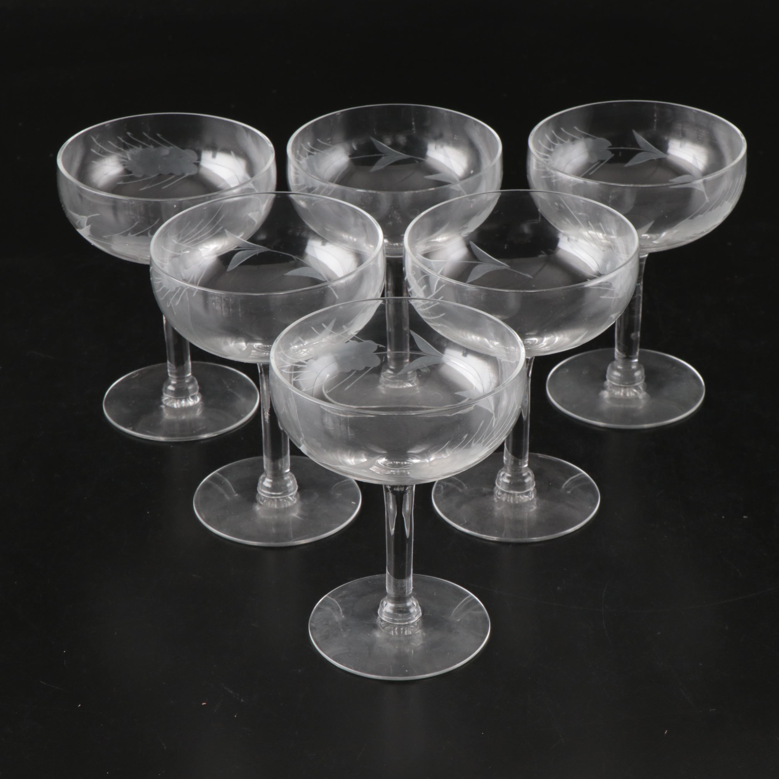 Etched Wheat Champagne Coupes and Other Stemware, Mid-20th Century