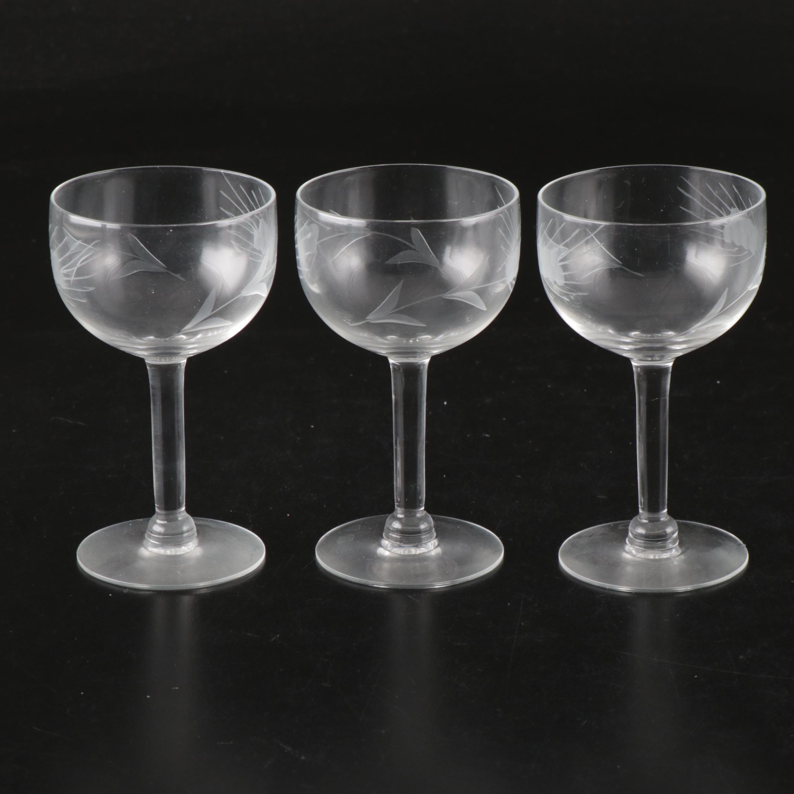 Etched Wheat Champagne Coupes and Other Stemware, Mid-20th Century