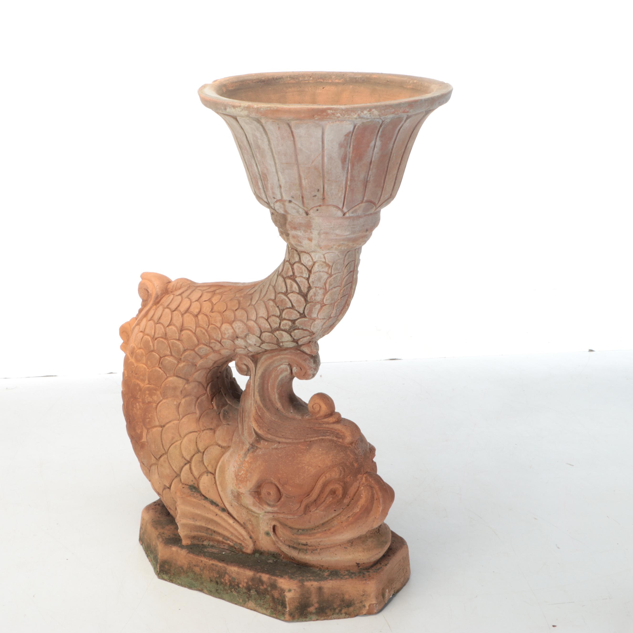 Italianate Terracotta Dolphin Garden Planter, Vintage