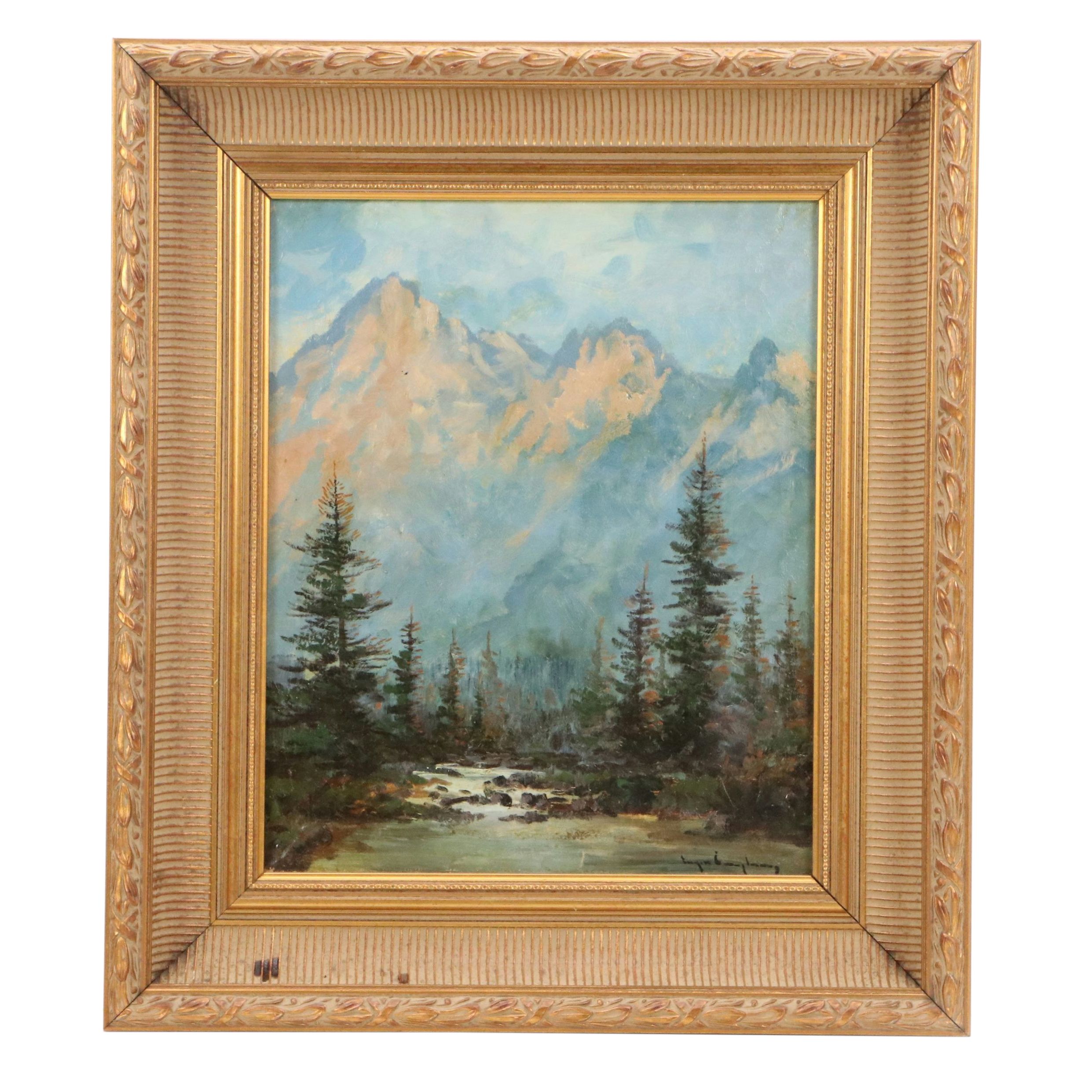 Mountainous Wooded Landscape Oil Painting, Circa 1940