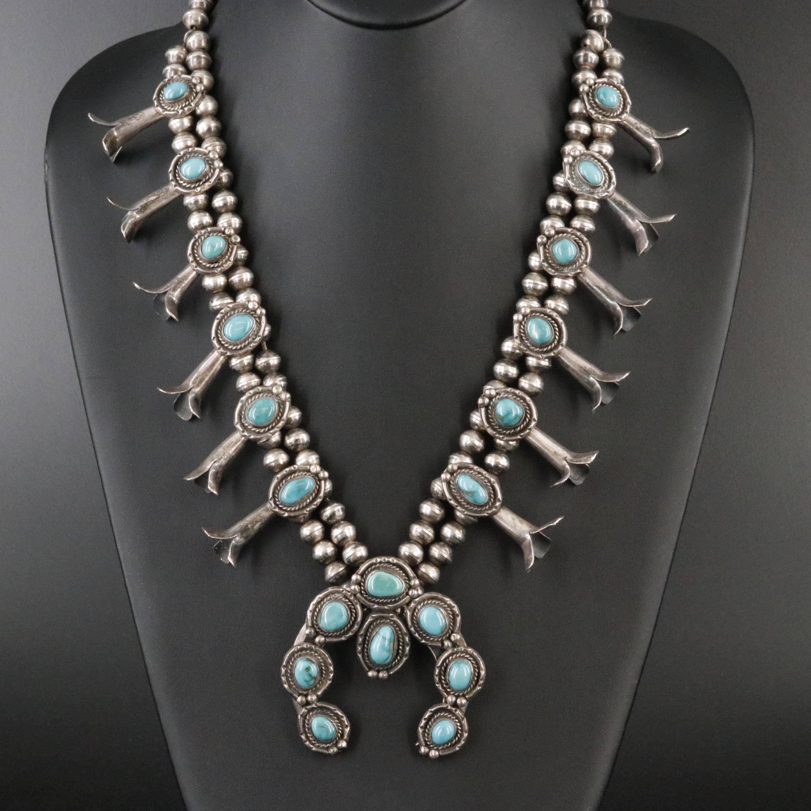 Southwestern Sterling Turquoise Squash Blossom Necklace