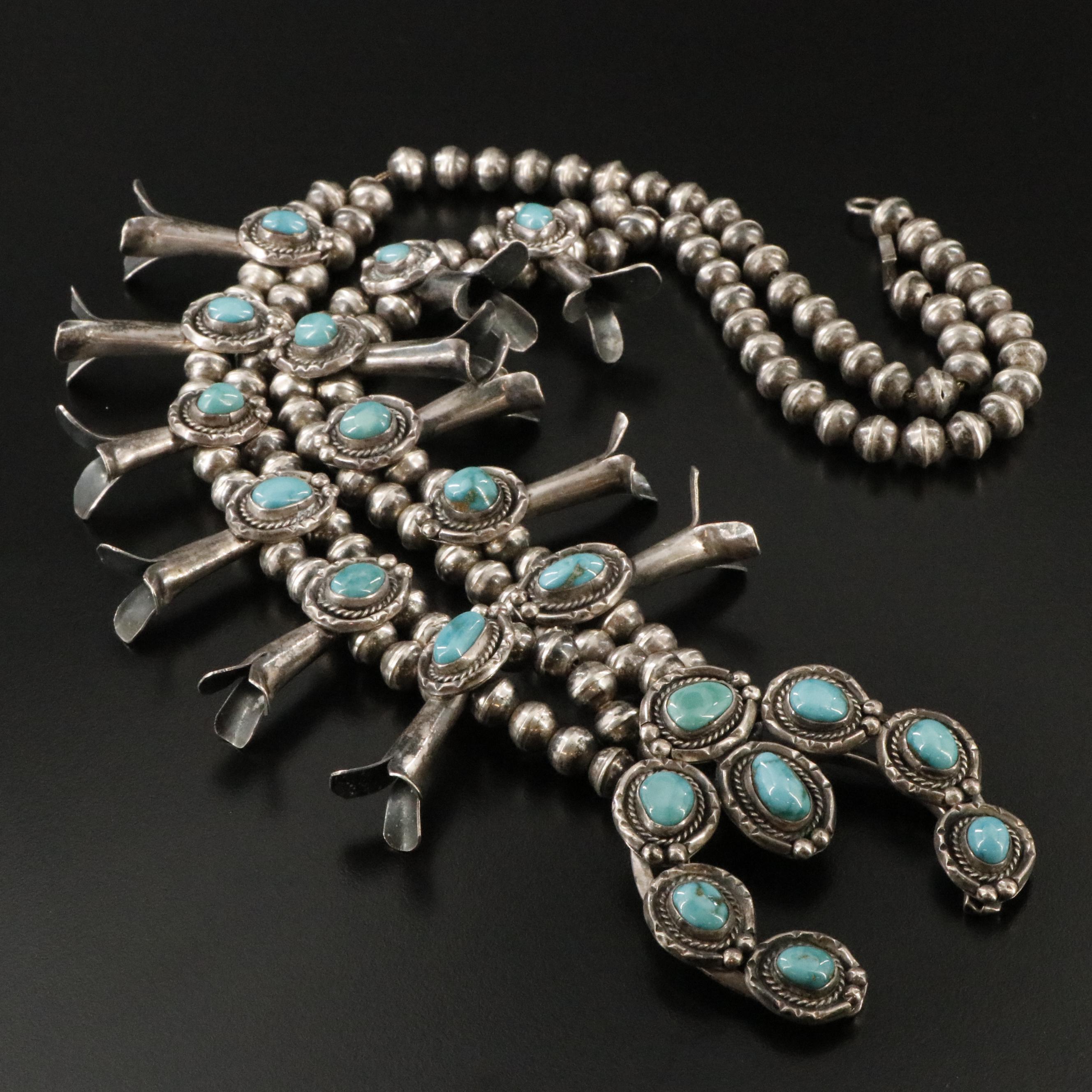 Southwestern Sterling Turquoise Squash Blossom Necklace