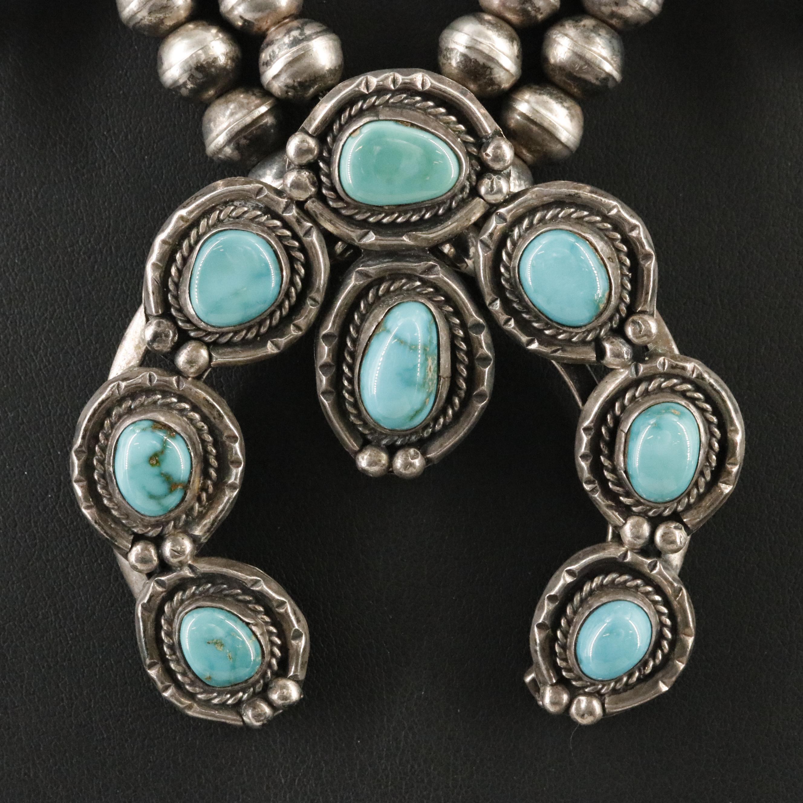 Southwestern Sterling Turquoise Squash Blossom Necklace