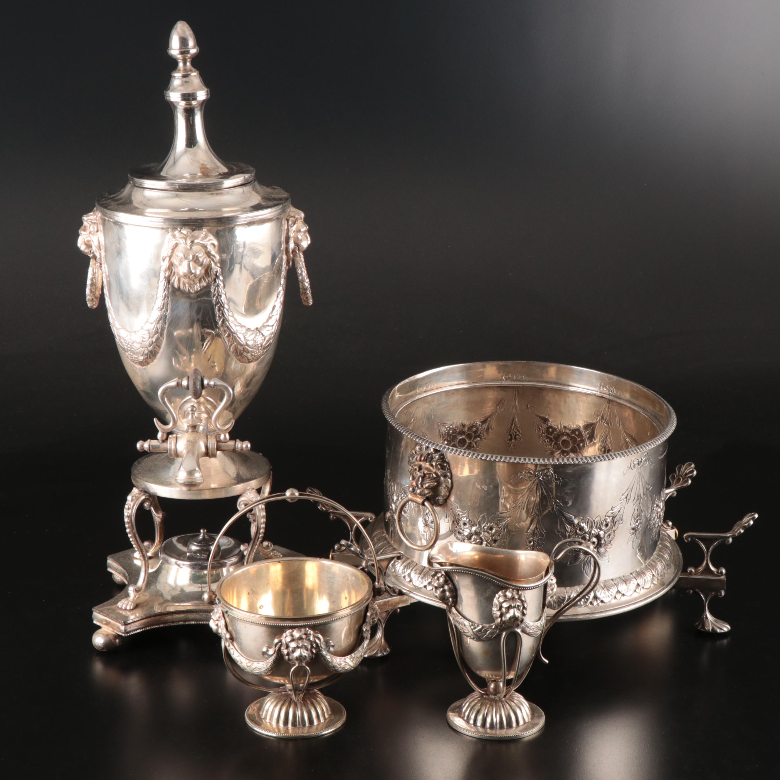 Victorian Style Silver Plate Tea Urn with More Decorated Serveware