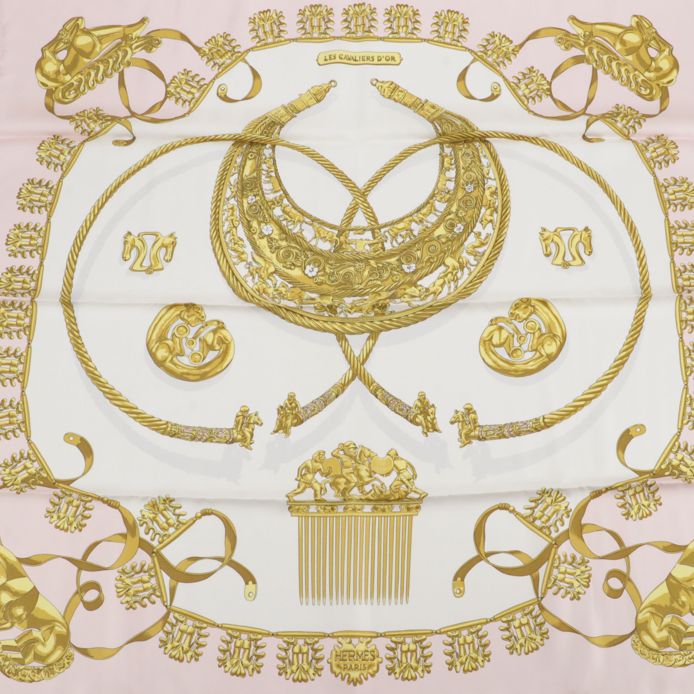 Hermès "Les Cavaliers d'Or" Scarf 90 in Pink Silk Twill with Box
