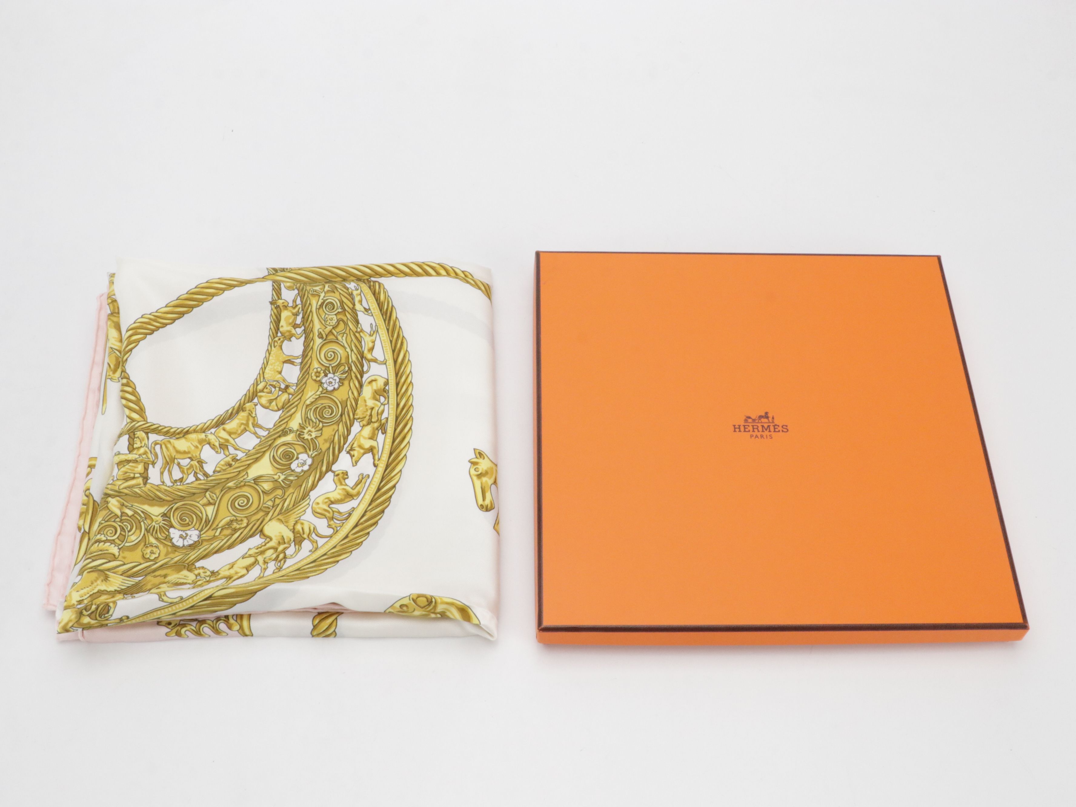 Hermès "Les Cavaliers d'Or" Scarf 90 in Pink Silk Twill with Box
