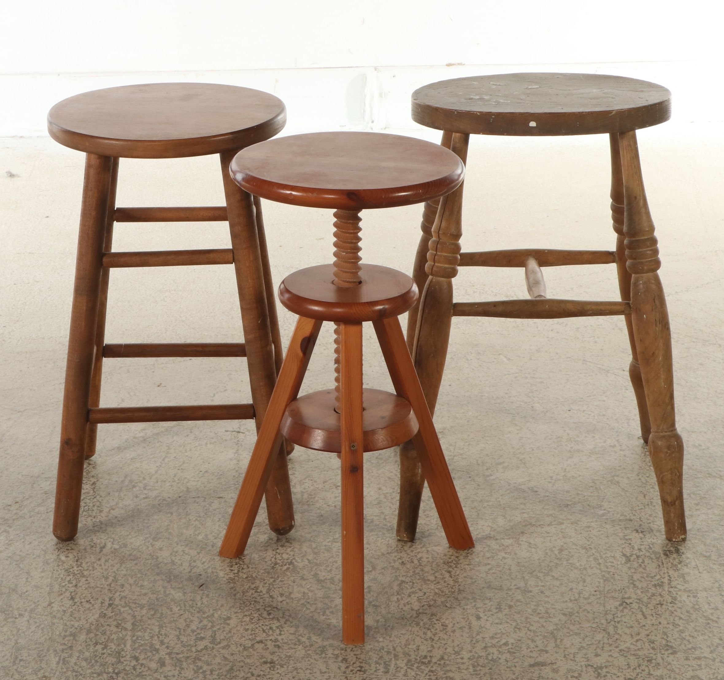 American Swivel Adjustable Height and Other Colonial Style Wooden Stools
