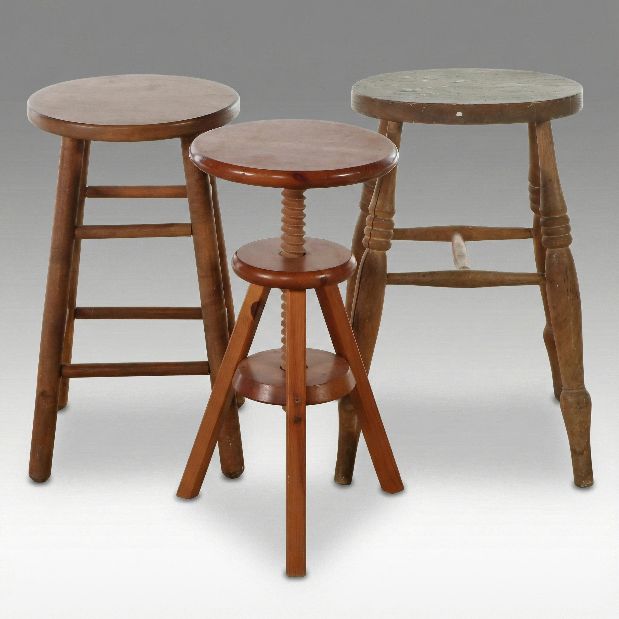 American Swivel Adjustable Height and Other Colonial Style Wooden Stools