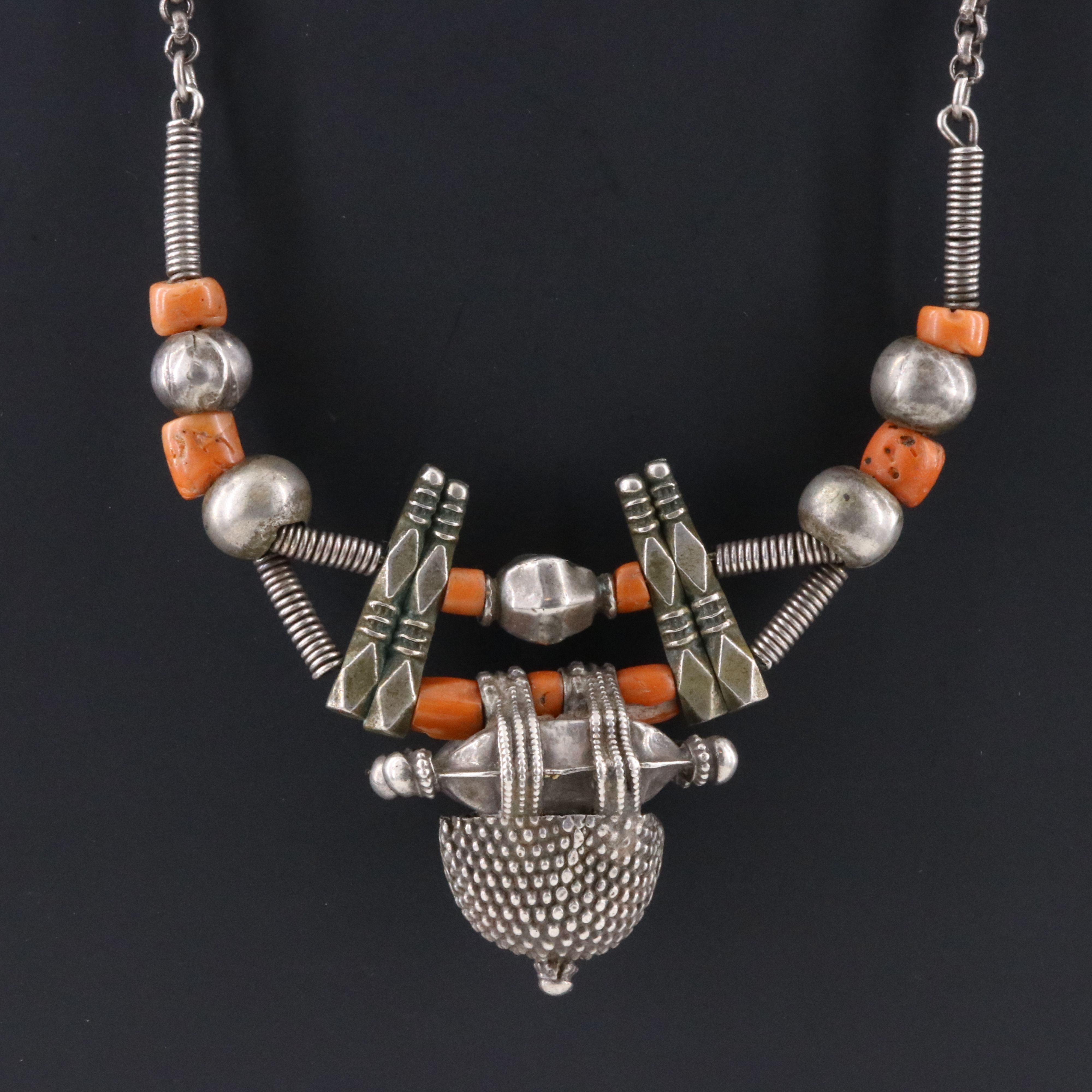 Berber Style Necklace with Sterling and Coral Beads