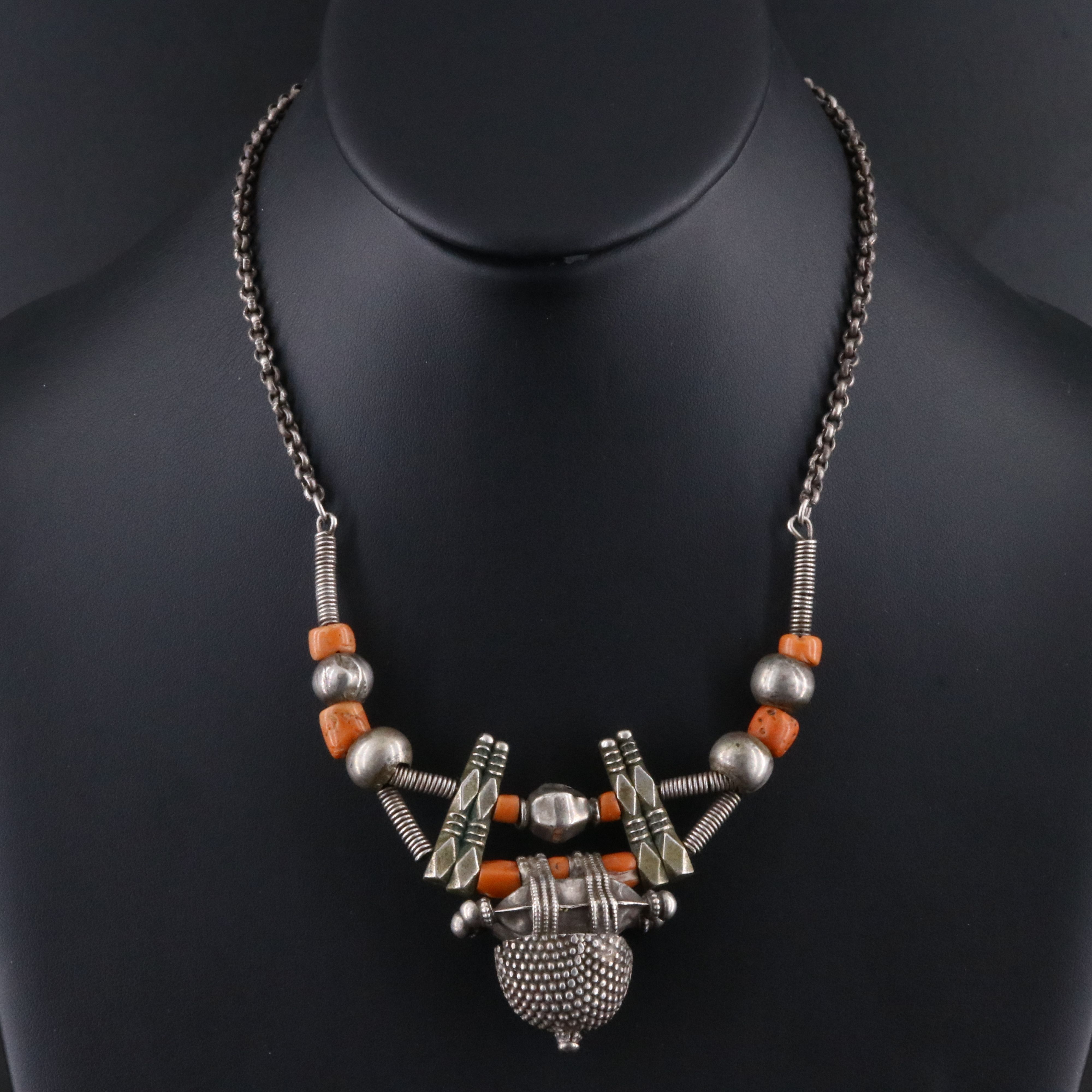 Berber Style Necklace with Sterling and Coral Beads