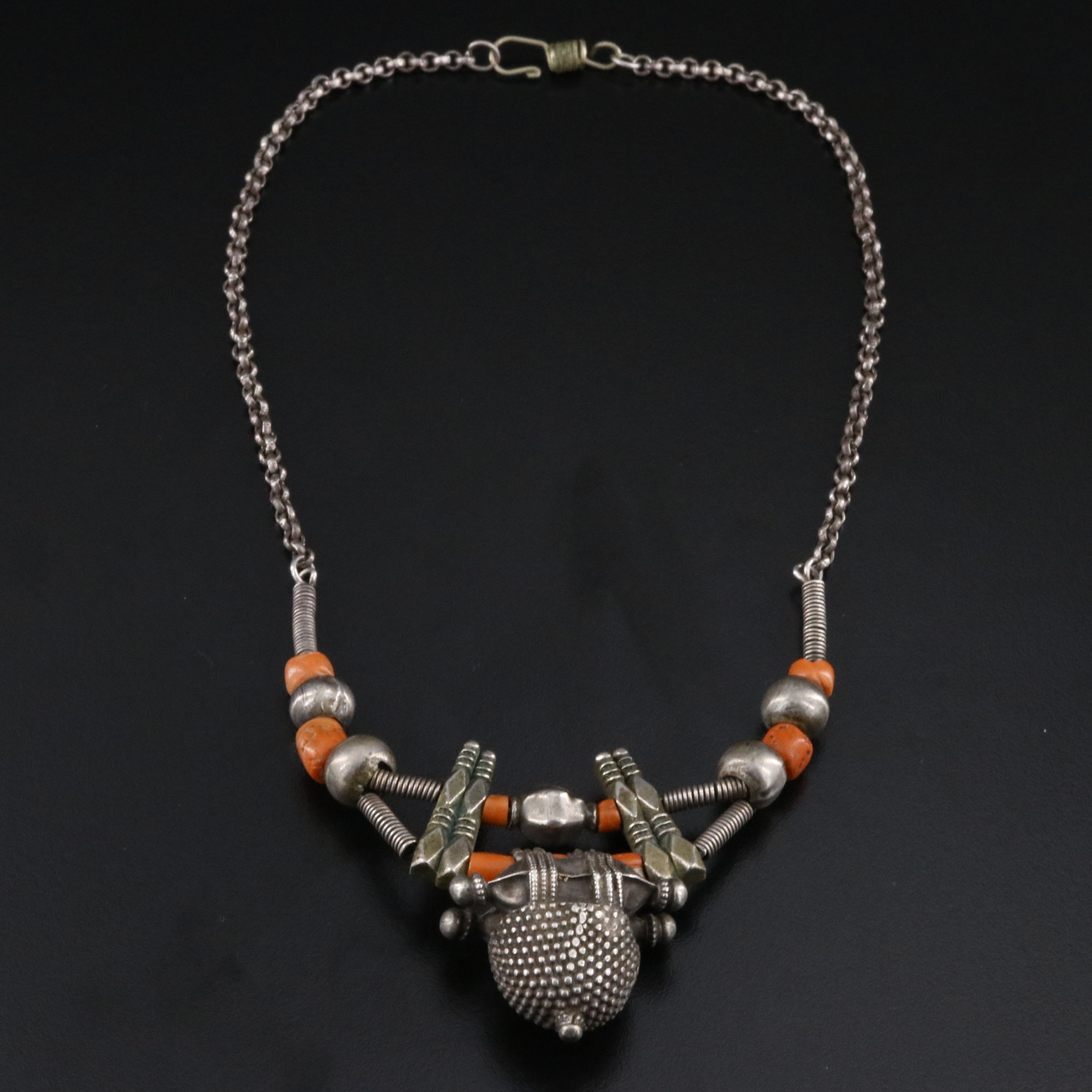 Berber Style Necklace with Sterling and Coral Beads