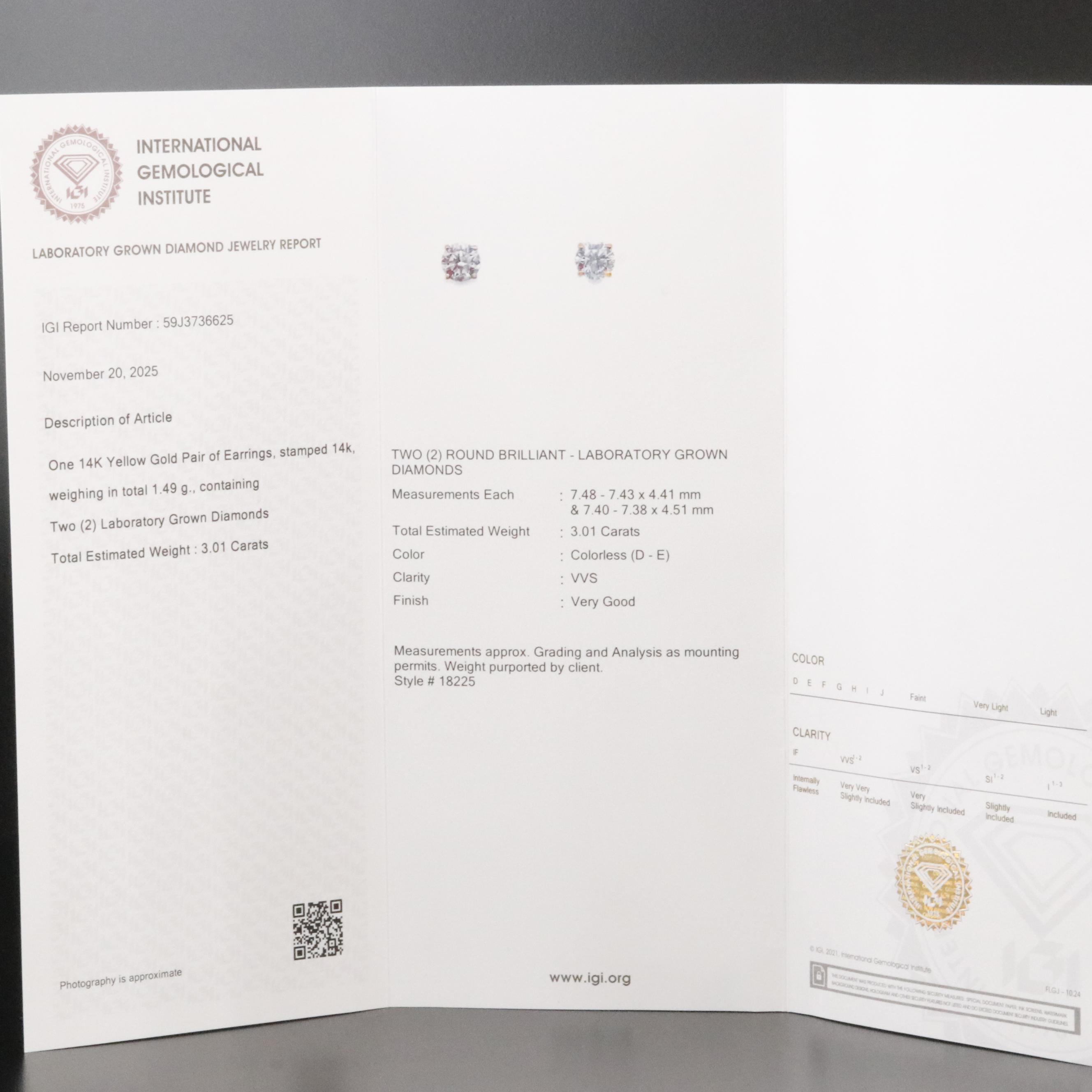 14K 3.01 CTW Lab Grown Diamond Stud Earrings with IGI Report