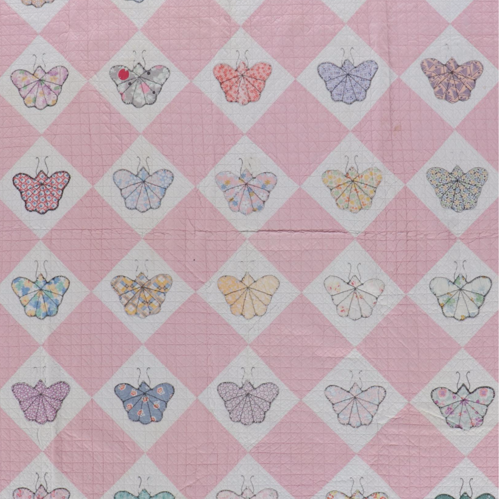 Handmade Pink Diamond Block with Applique Butterfly Twin-Size Quilt