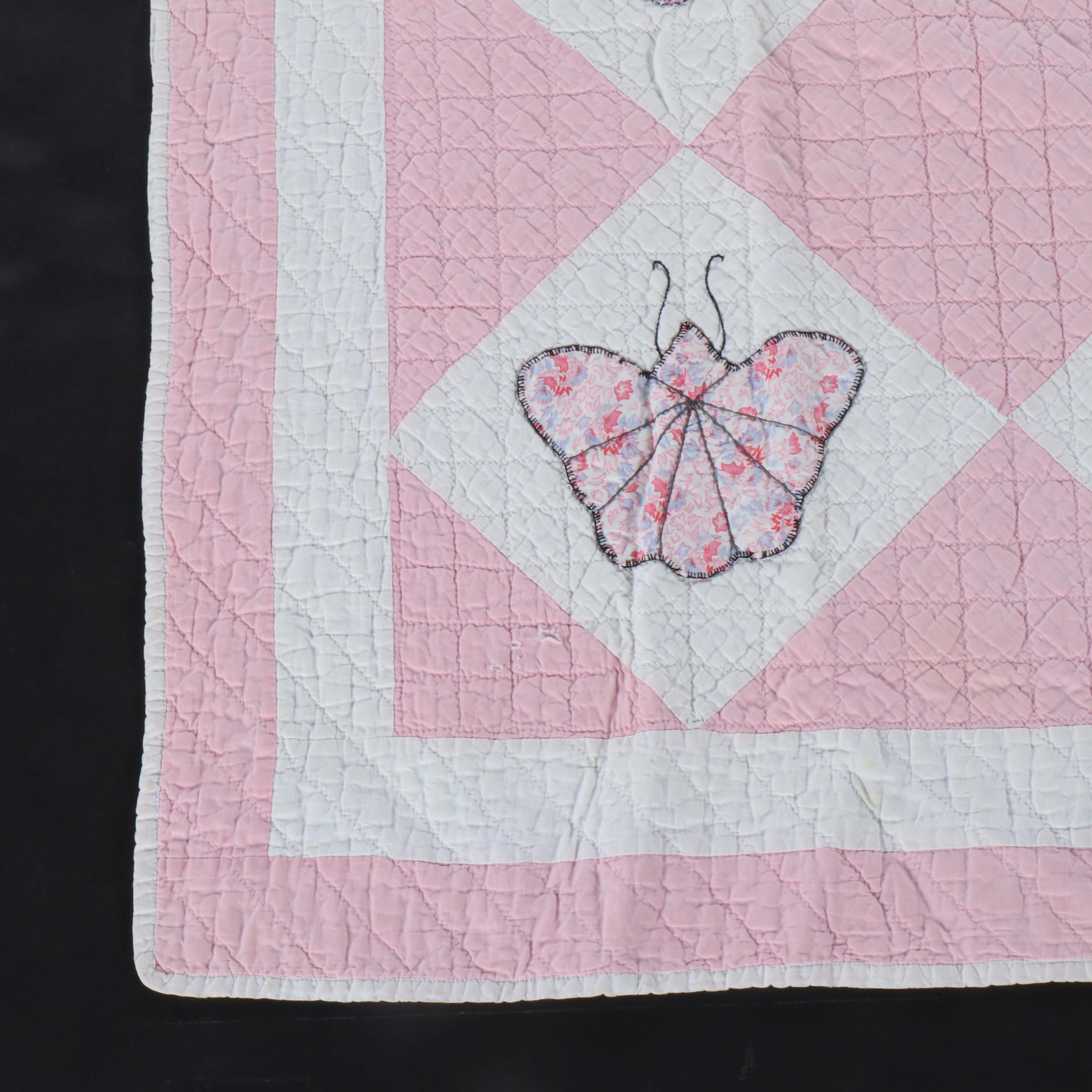 Handmade Pink Diamond Block with Applique Butterfly Twin-Size Quilt