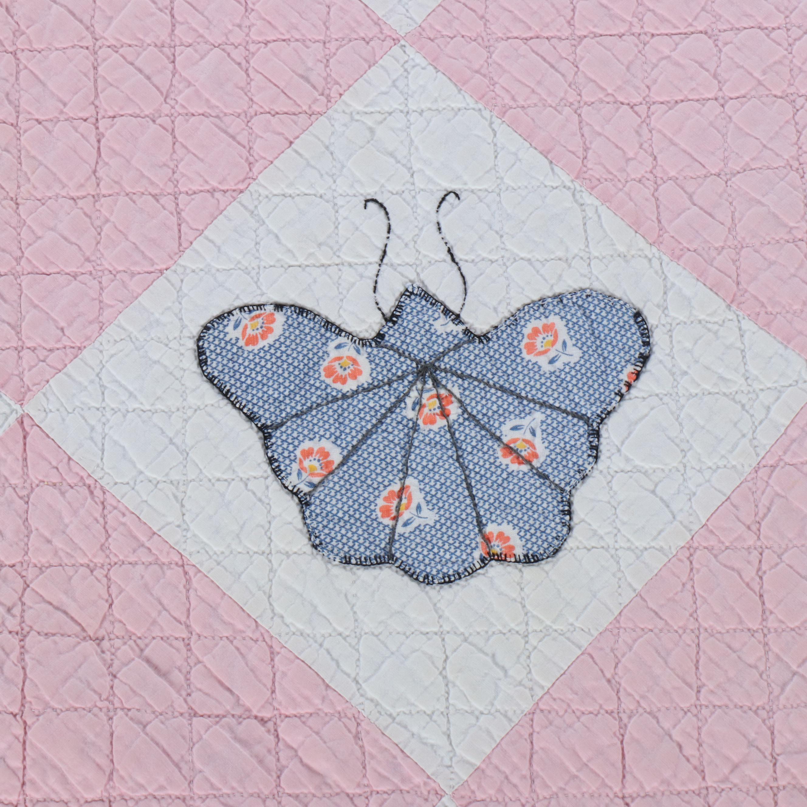 Handmade Pink Diamond Block with Applique Butterfly Twin-Size Quilt