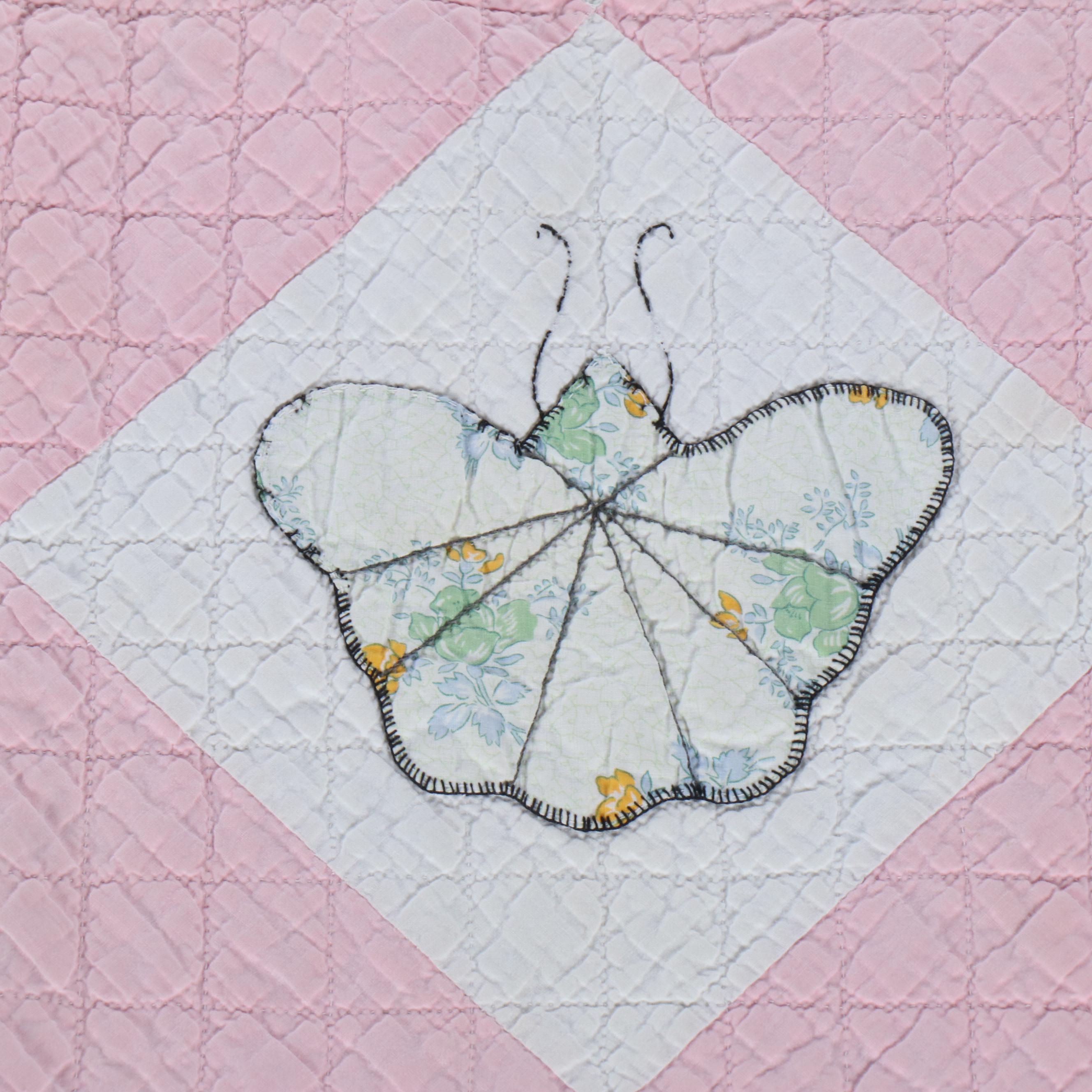 Handmade Pink Diamond Block with Applique Butterfly Twin-Size Quilt