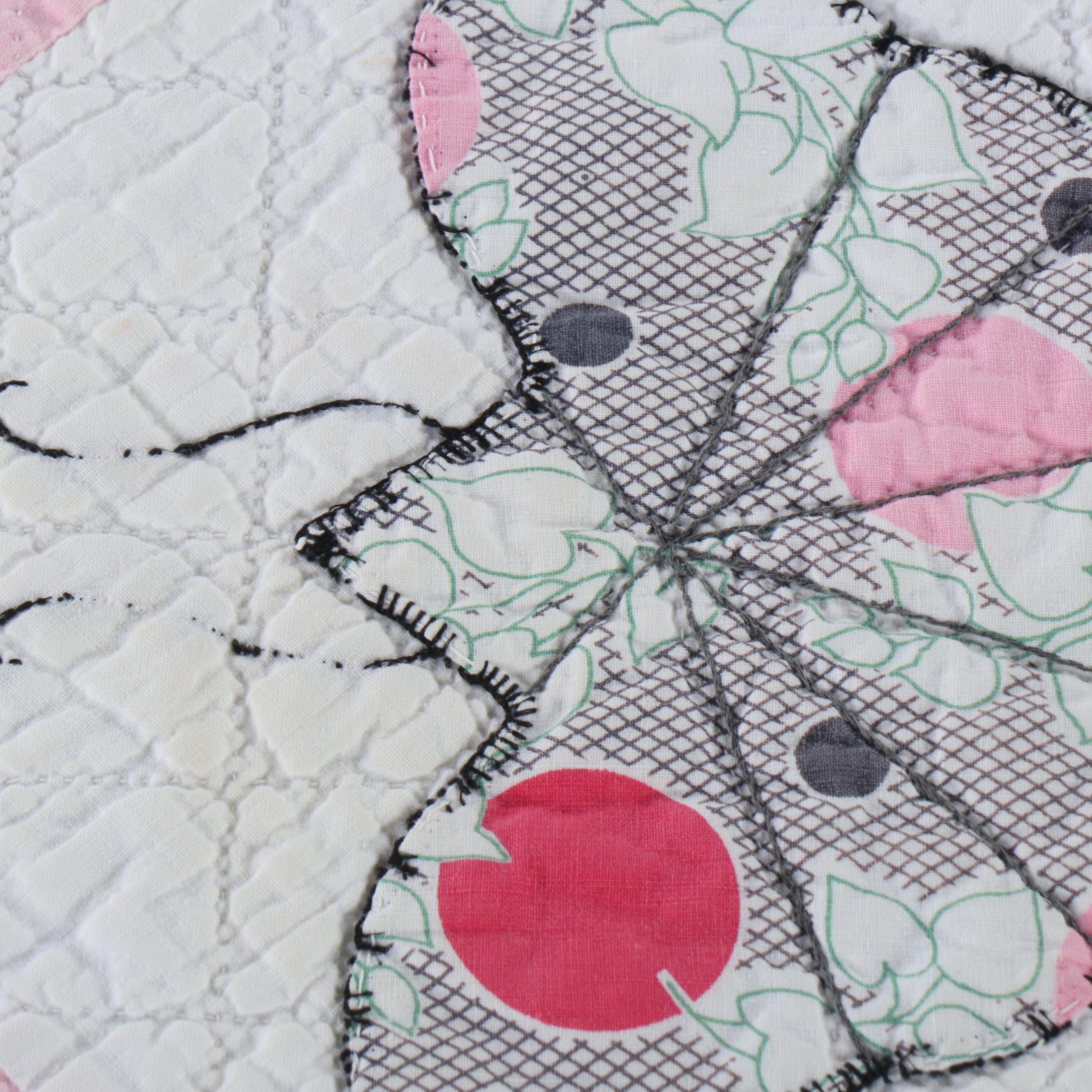 Handmade Pink Diamond Block with Applique Butterfly Twin-Size Quilt