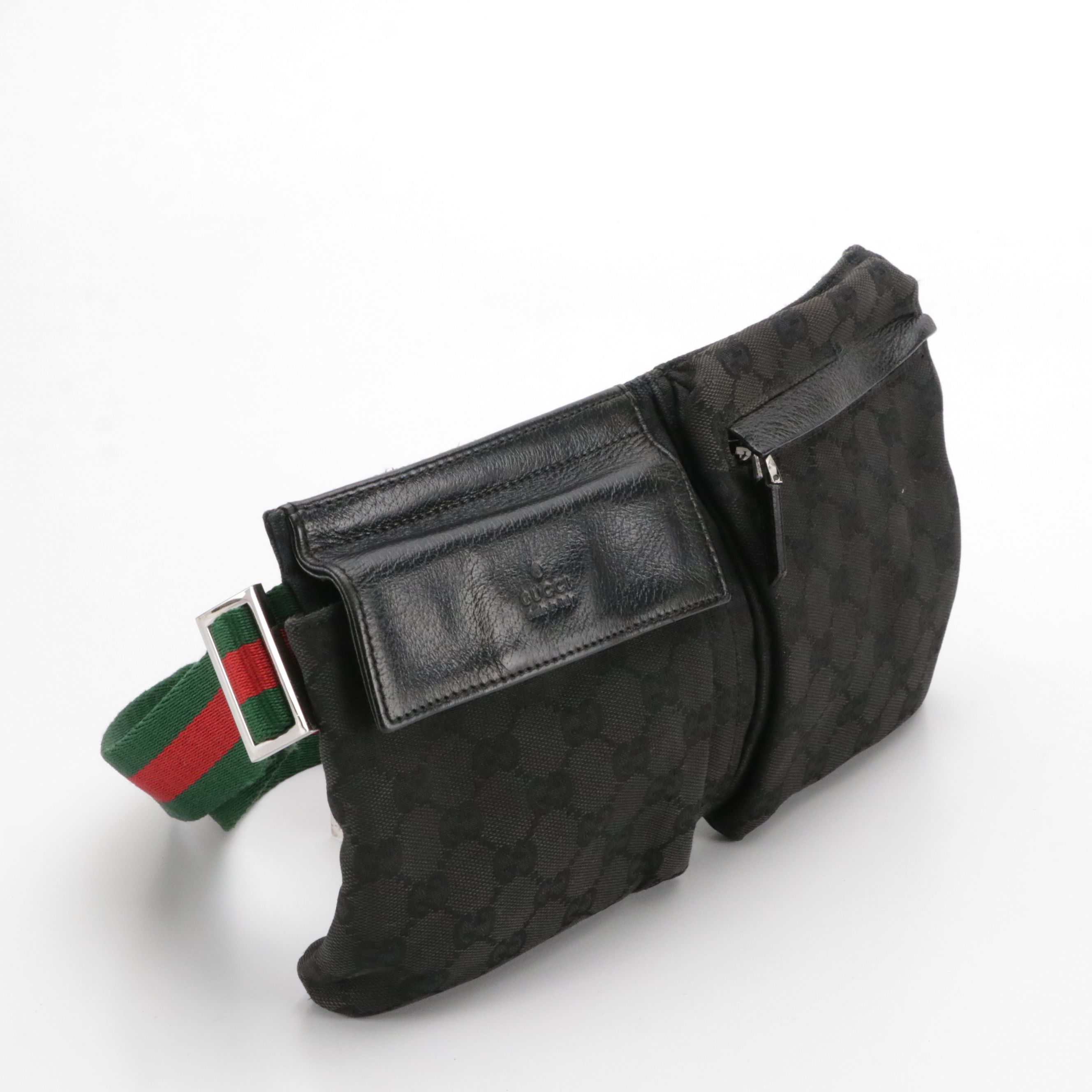Gucci Double Pocket Sling/Belt Bag in Black GG Canvas, Black Leather & Web Strap