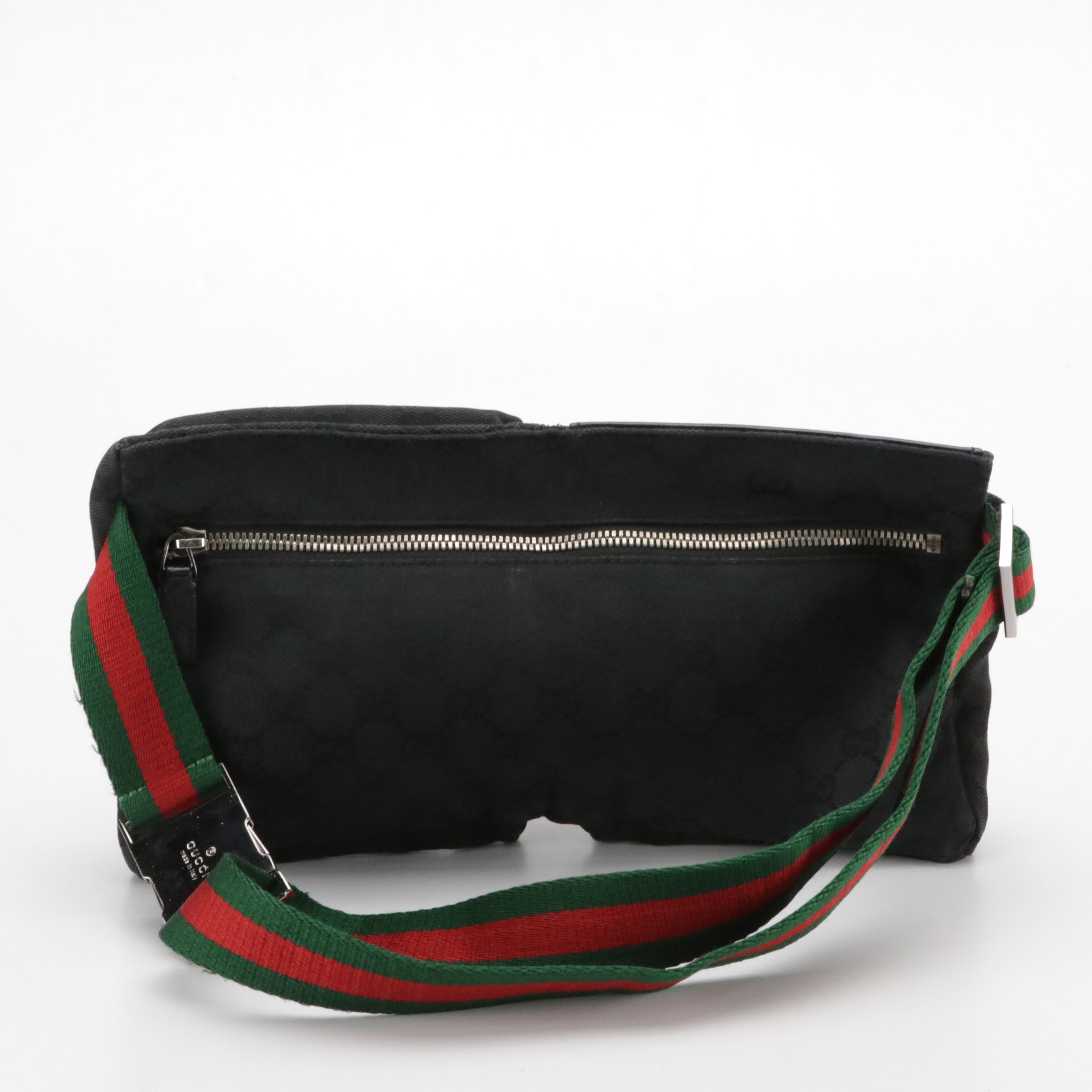 Gucci Double Pocket Sling/Belt Bag in Black GG Canvas, Black Leather & Web Strap