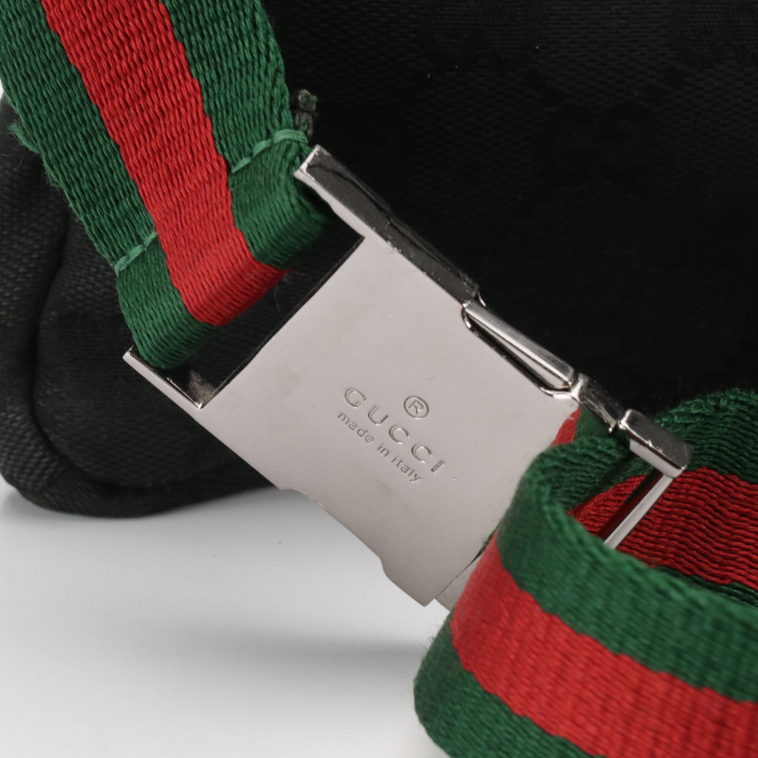 Gucci Double Pocket Sling/Belt Bag in Black GG Canvas, Black Leather & Web Strap