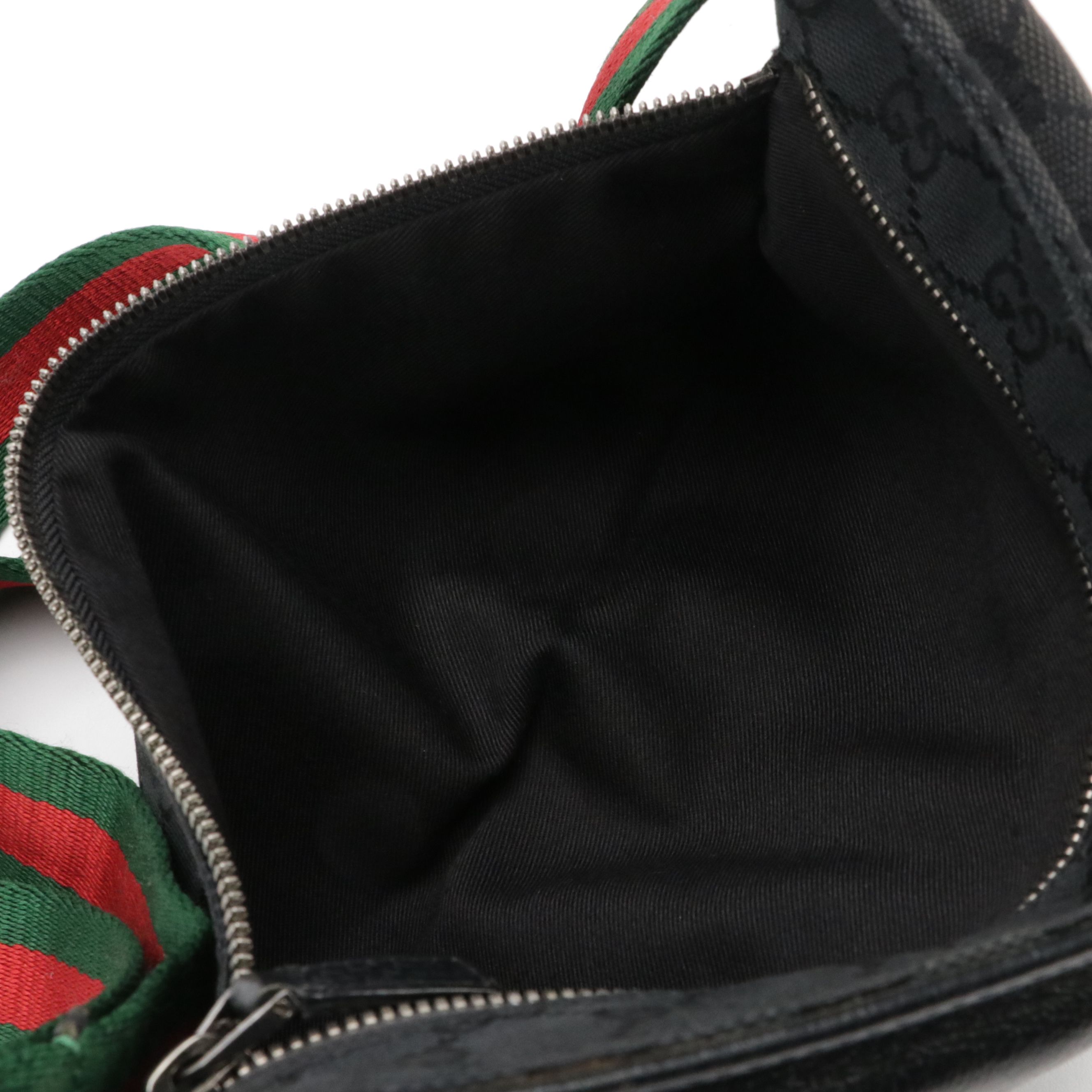 Gucci Double Pocket Sling/Belt Bag in Black GG Canvas, Black Leather & Web Strap