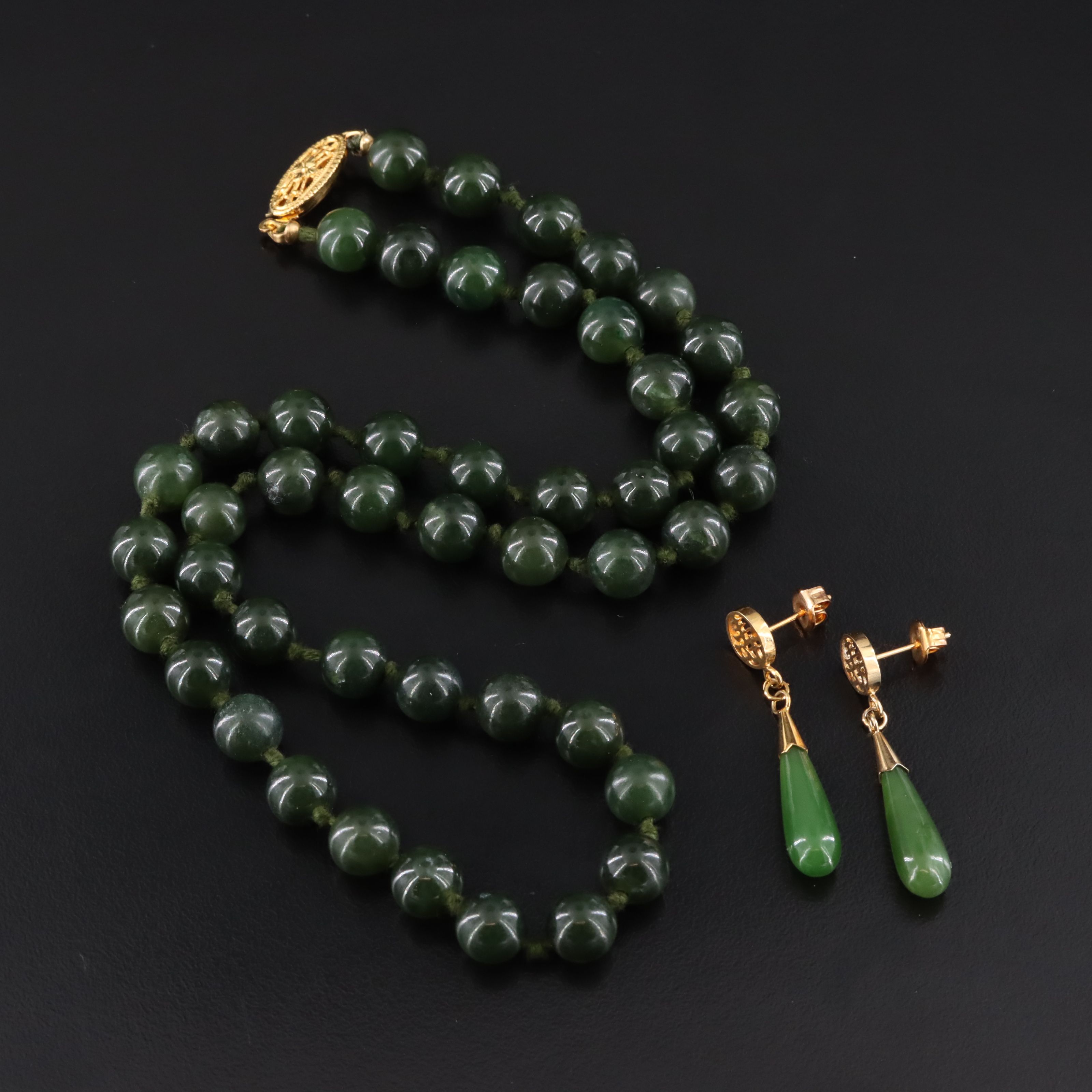 Nephrite Necklace and Longevity Pendant Earrings