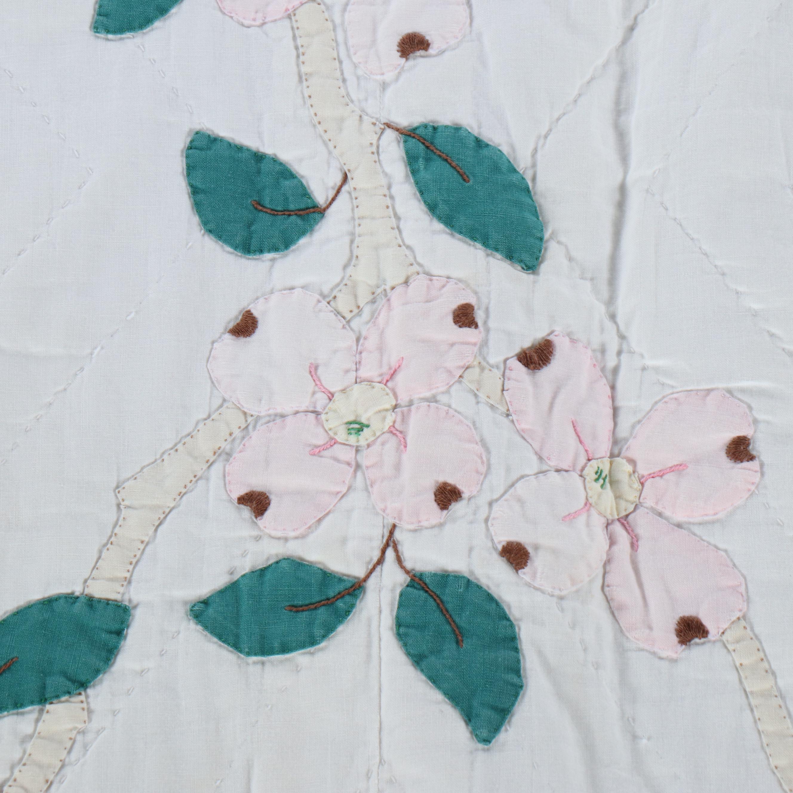 Handmade Cherry Blossom Cotton Applique Twin-Sized Quilt