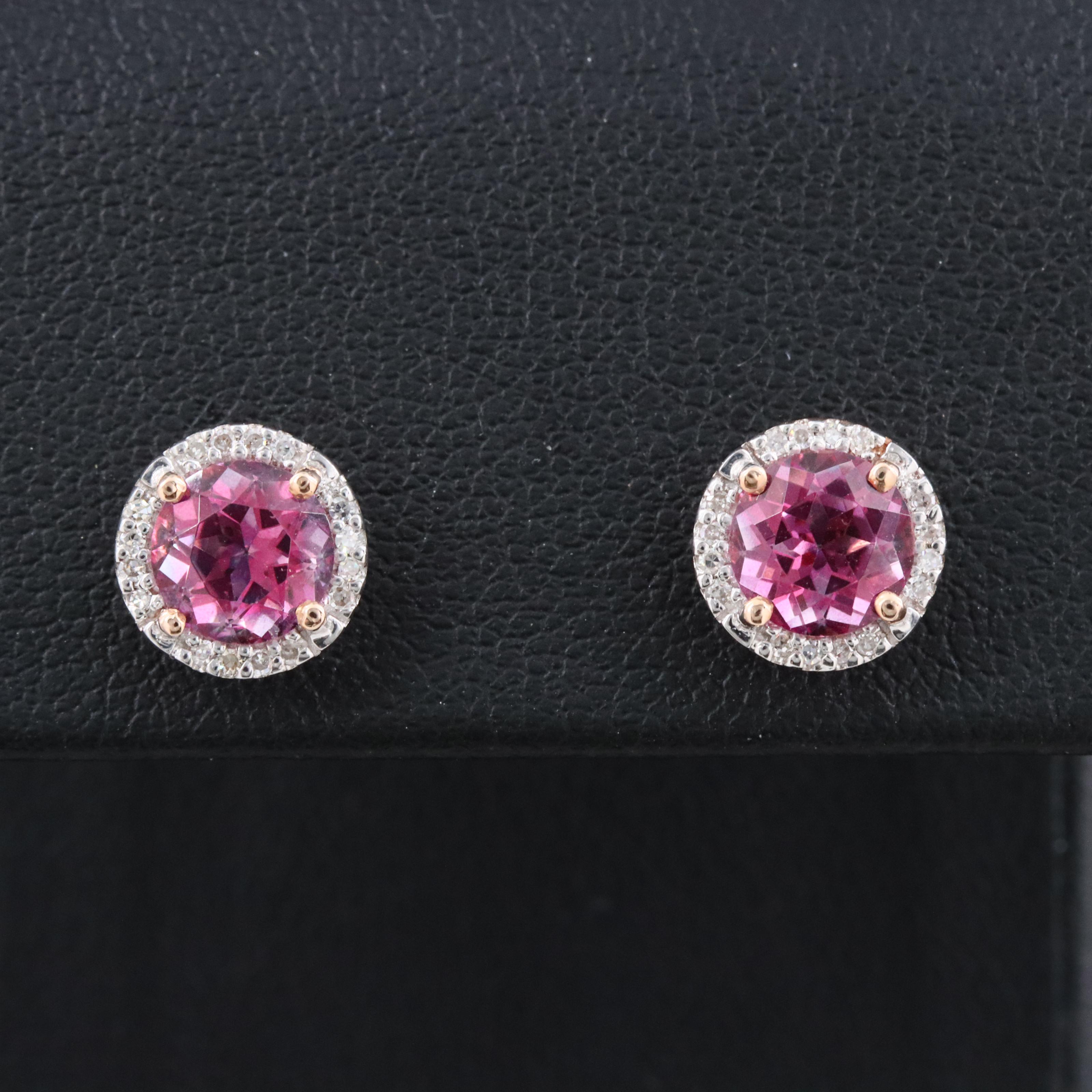 14K Rose Gold Pink Tourmaline and Diamond Halo Stud Earrings