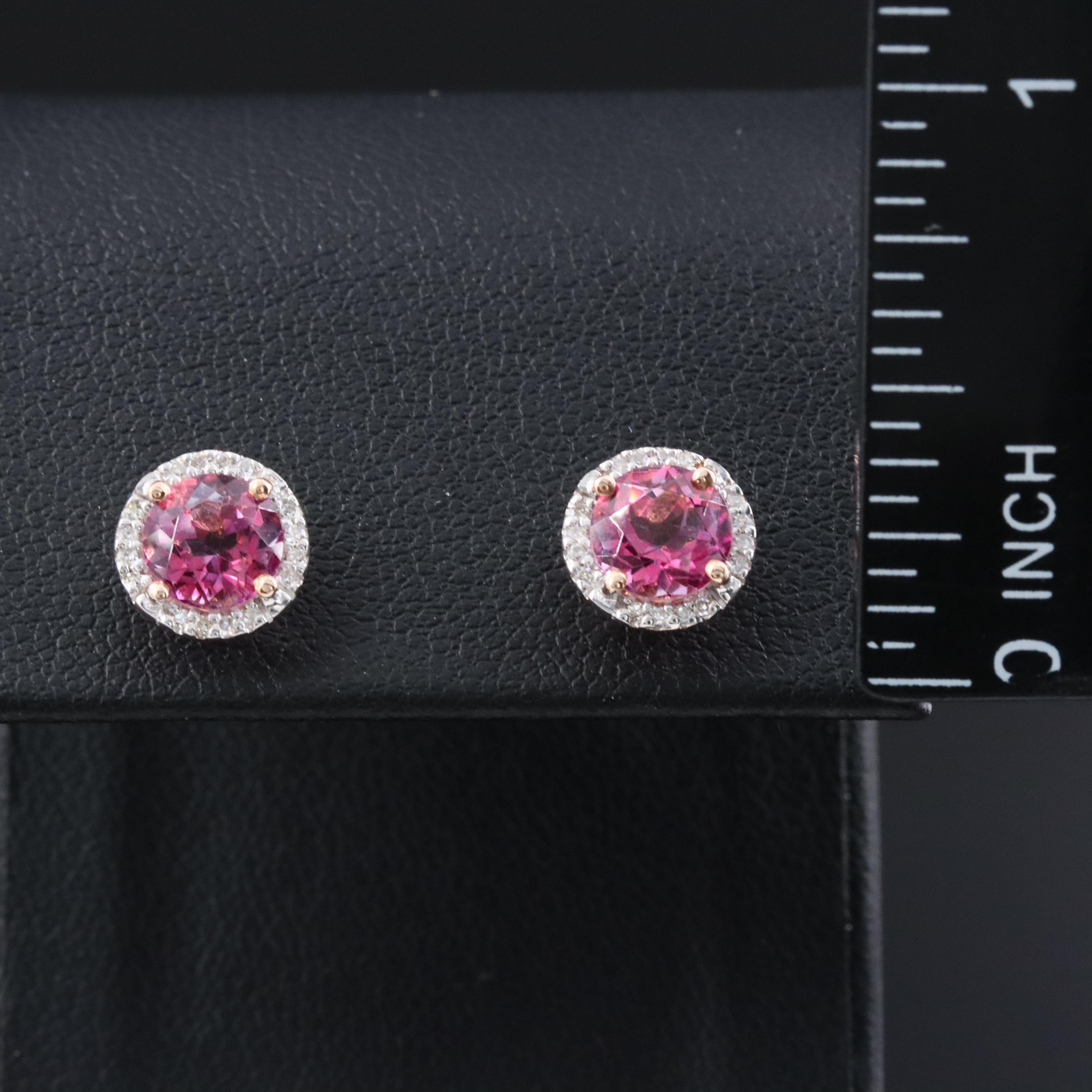 14K Rose Gold Pink Tourmaline and Diamond Halo Stud Earrings